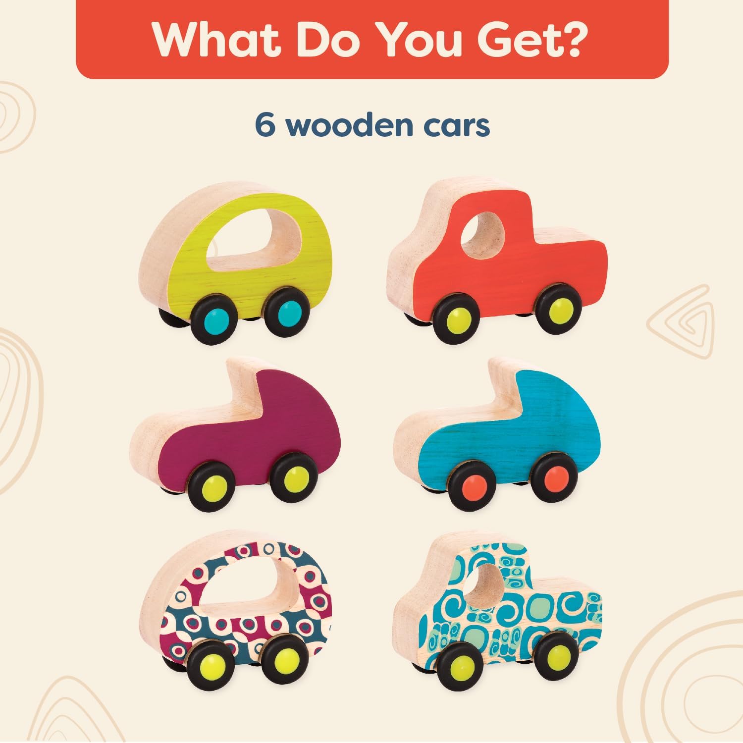 Detalle de Battat B. Toys Les Wheee-Lees gratuits : ensemble de 6 voitures en bois pour tout-petits (à partir de 12 mois)