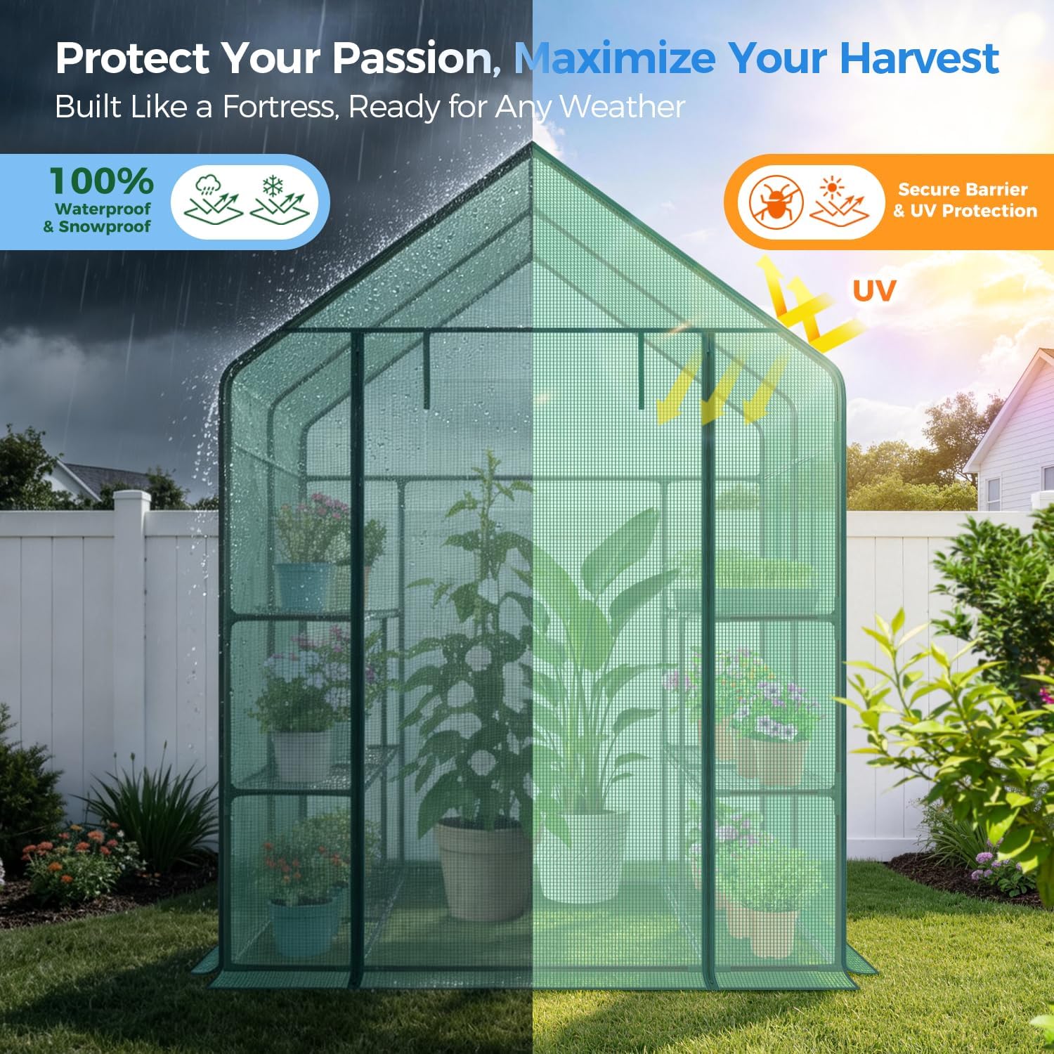 Detalle de Ohuhu Y21-80400-36 Walk-In Greenhouse with PE Cover, 12 Shelves and Screen Windows