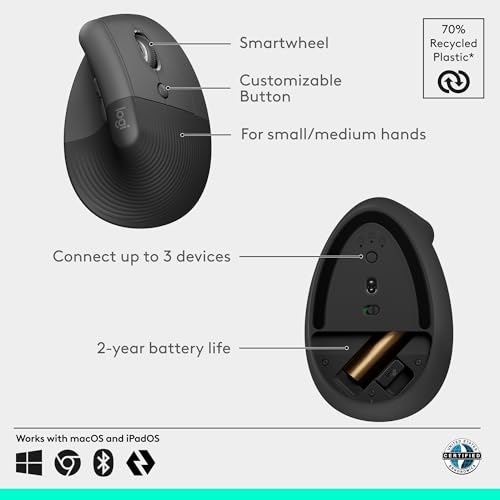 Detalle 2 de Logitech Lift Vertical Ergonomic Wireless Mouse - Graphite