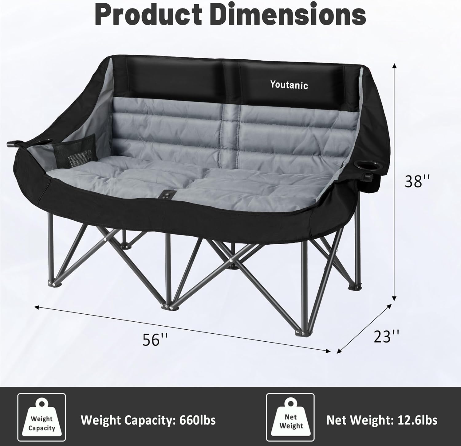 Thumbnail 2 de Youtanic Oversized Double Camping Chair (Folding Loveseat) with Cup Holder, Pockets & Carry Bag, Black