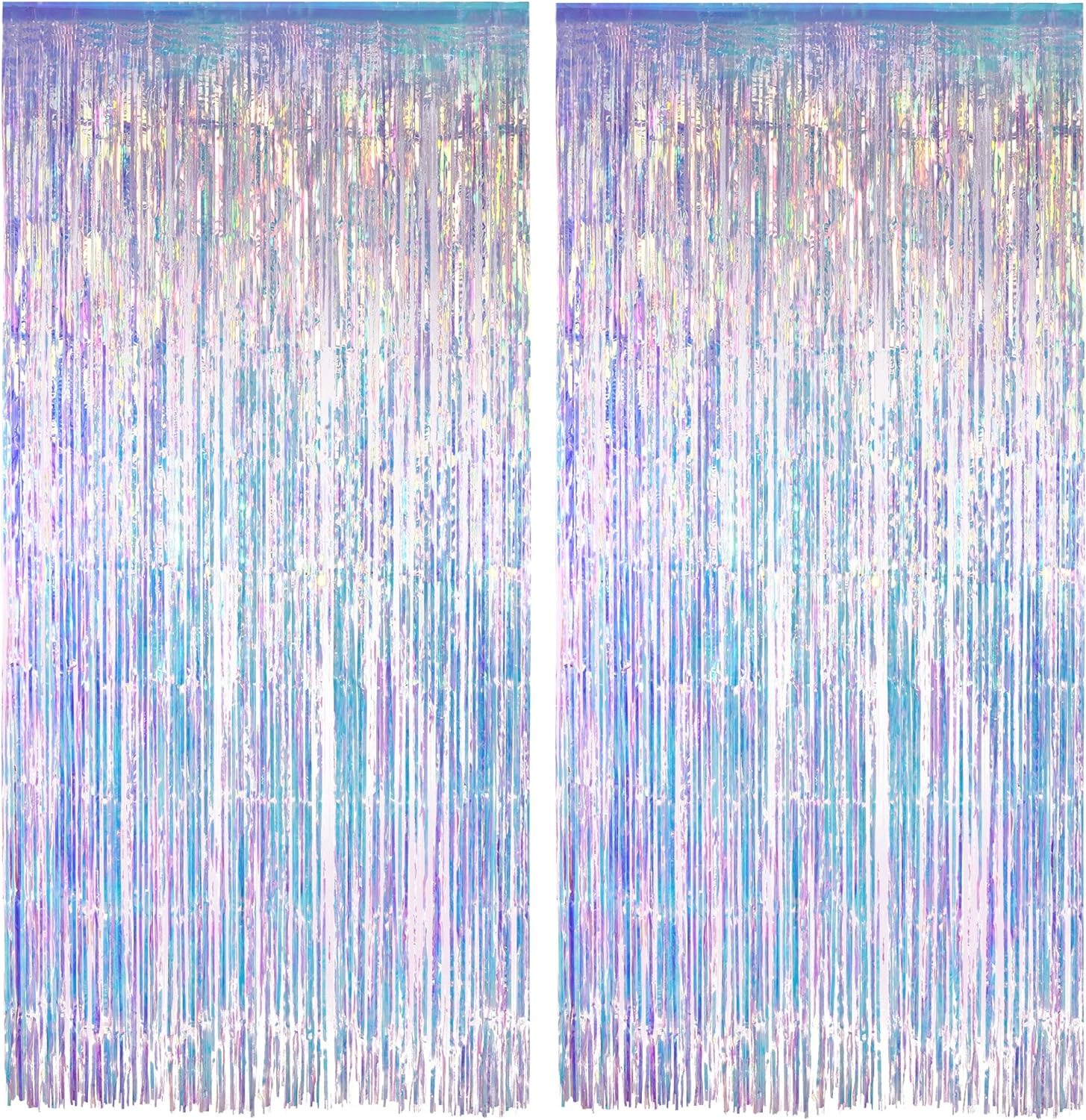 GREATRIL Iridescent Party Streamers Backdrop, 2-Pack (3.2ft x 6.5ft) – Transparent Holographic Fringe Curtain