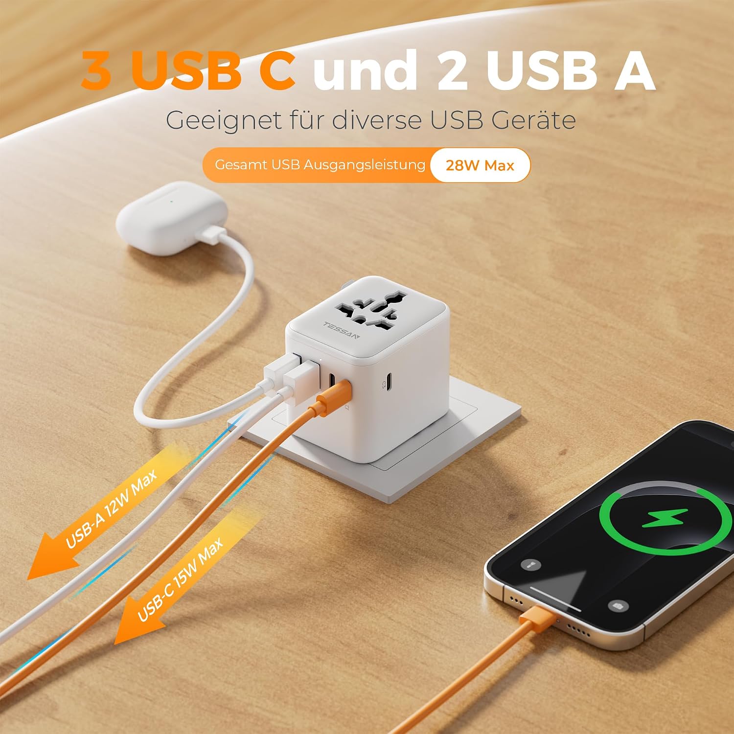 Thumbnail 4 de TESSAN Reiseadapter Weltweit mit 2 USB‑A & 3 USB‑C
