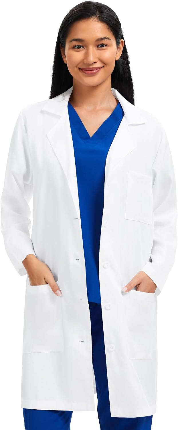 Floralhue Women's Lab Coat, White Polyester, 3 Pockets, Relaxed Fit