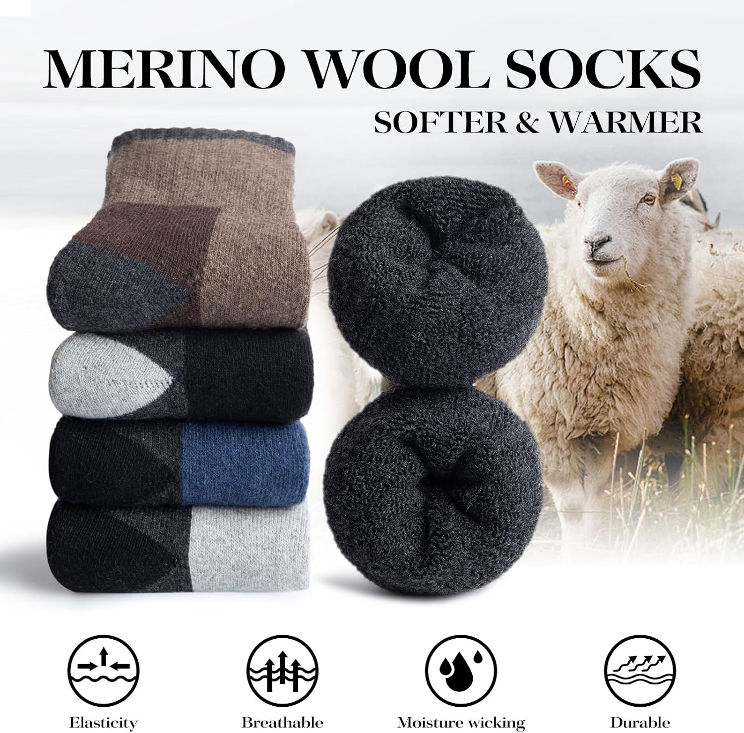 Detalle 2 de SIMIYA Merino Wool Hiking Socks, 5 Pairs, Thick Cushioned, Size 7-15