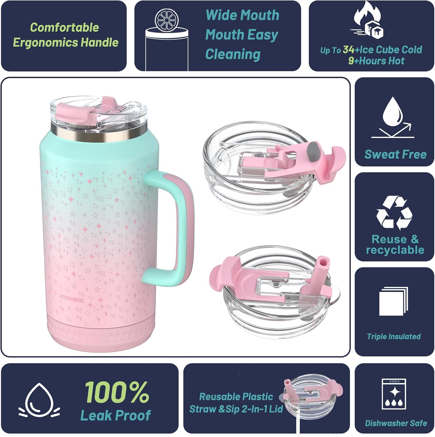 Detalle 2 de Hydraful 64 oz Tumbler with Handle and Straw – 100% Leak-Proof, Insulated Stainless Steel Travel Mug
