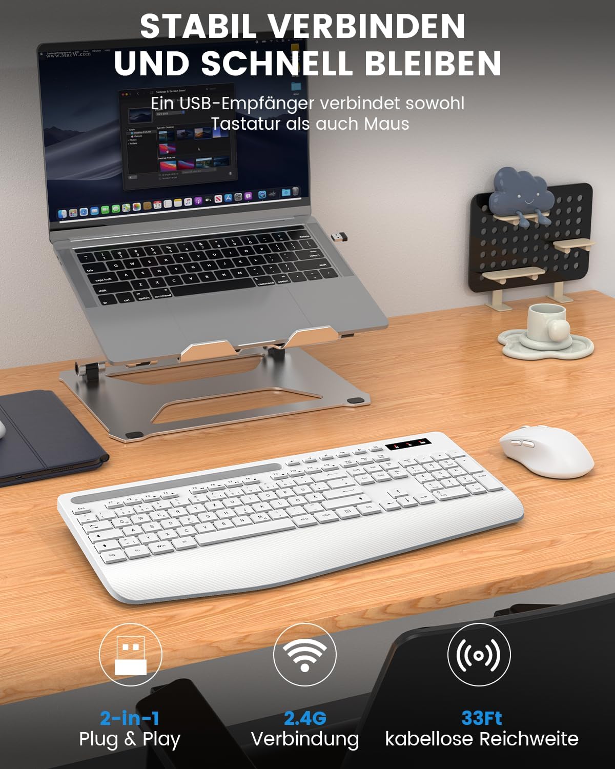 Thumbnail 2 de SABLUTE Tastatur-Maus-Set kabellos 2,4G inkl. Handballenauflage & Telefonhalter (Windows, Weiß)