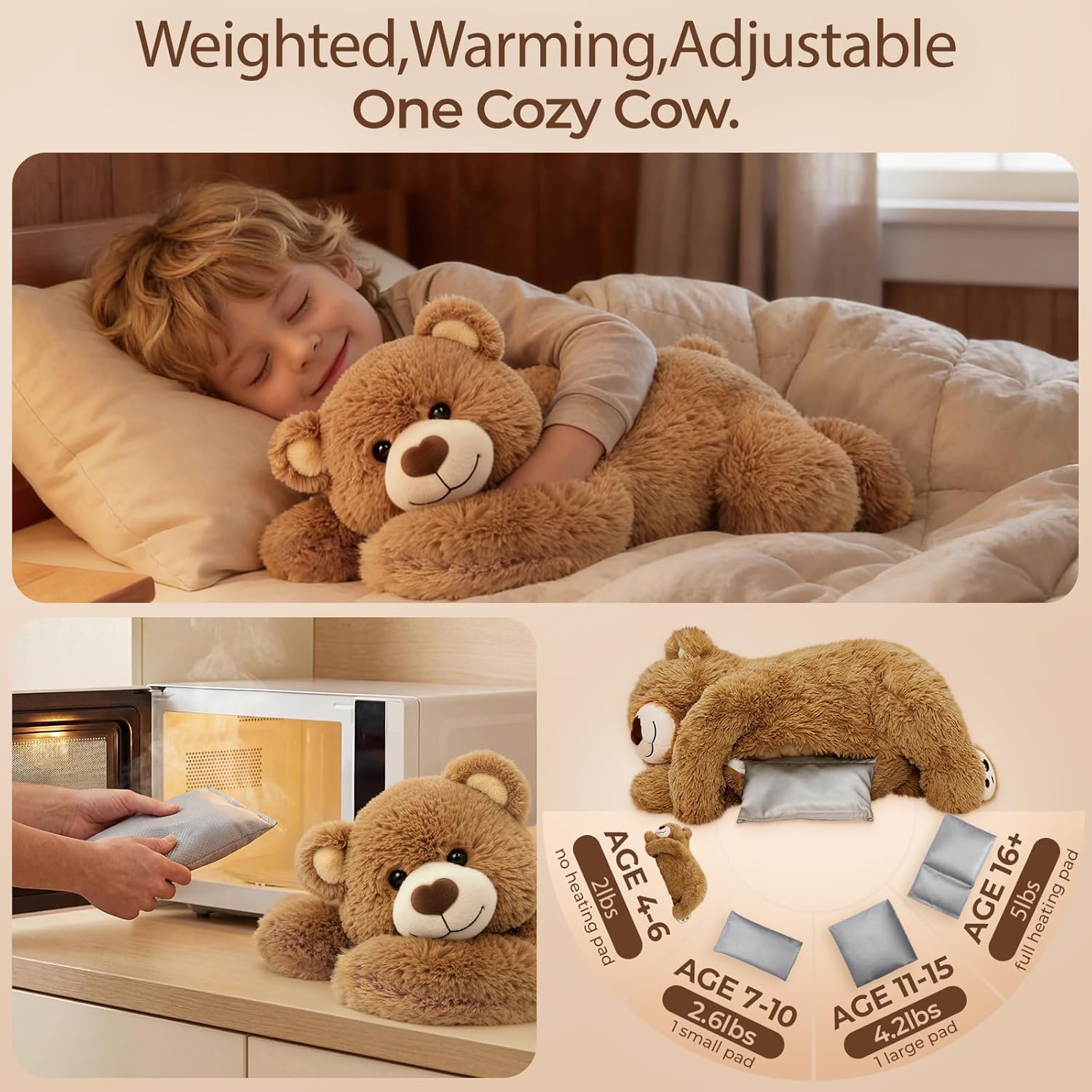 Thumbnail 3 de Mewaii Peluche Lestée Ours Brun avec coussin chauffant (23 pouces) – 2,3 kg réglable, chaud et frais