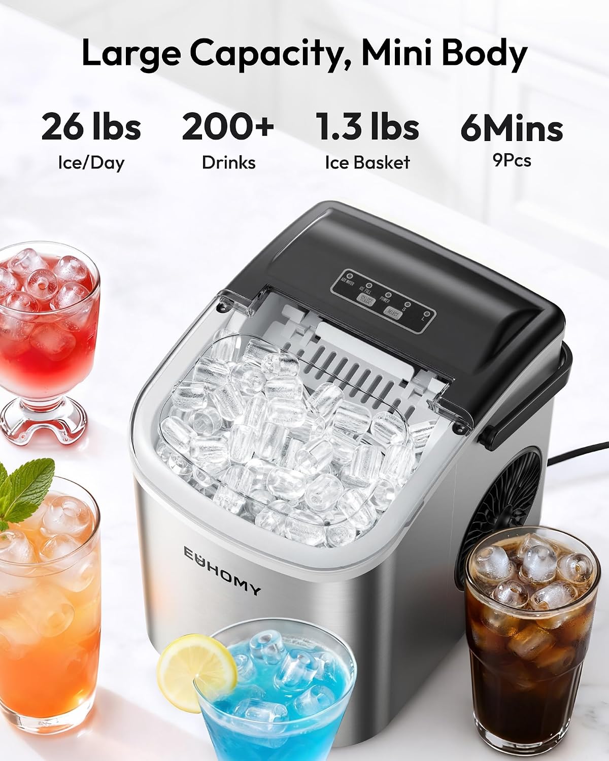 Detalle de EUHOMY Countertop Ice Maker: Dual-Size Bullet Ice in 6 Minutes, Portable & Self-Cleaning