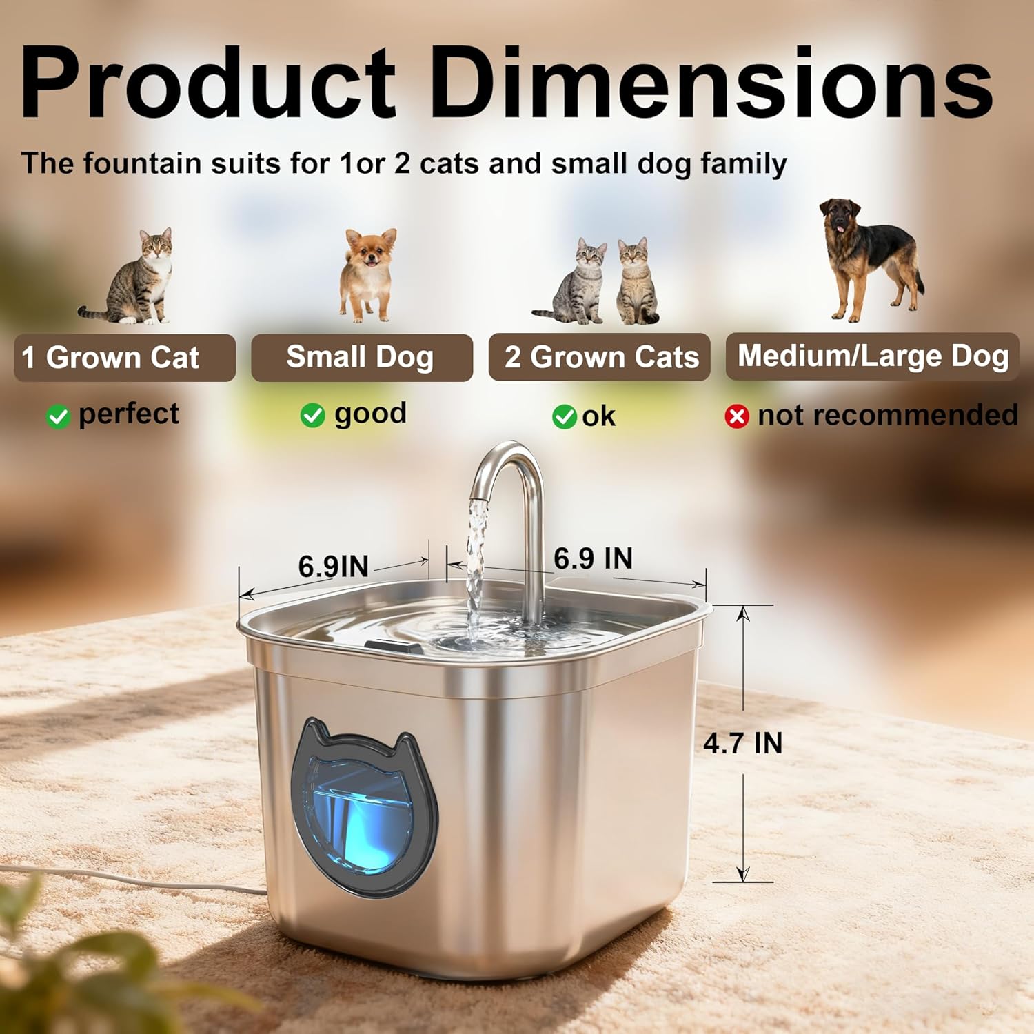 Detalle de Cat Water Fountain for Drinking 2.2L Stainless Steel with Filter, LED Night Light and Quiet Pump