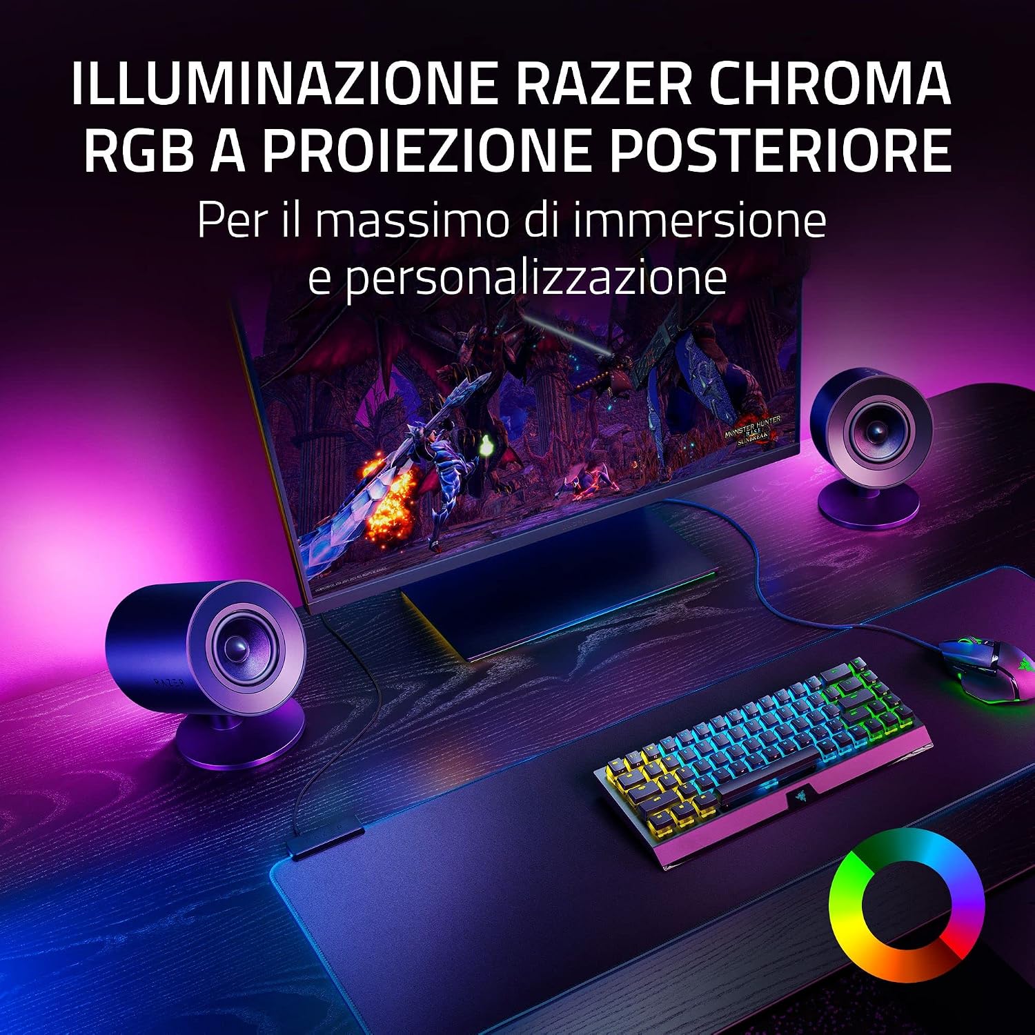 Detalle de Razer Nommo V2 altoparlanti gaming 2.1 con subwoofer wireless, THX Spatial Audio e Razer Chroma RGB