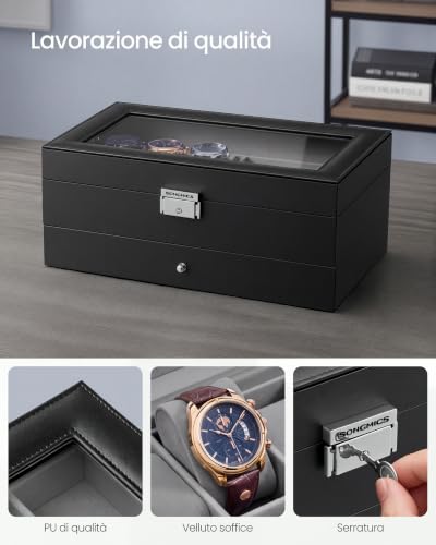 Detalle 2 de SONGMICS Porta Orologi a 6 Posti con Cassetto e Coperchio in Vetro – OrganizerElegante per Reparto Accessori
