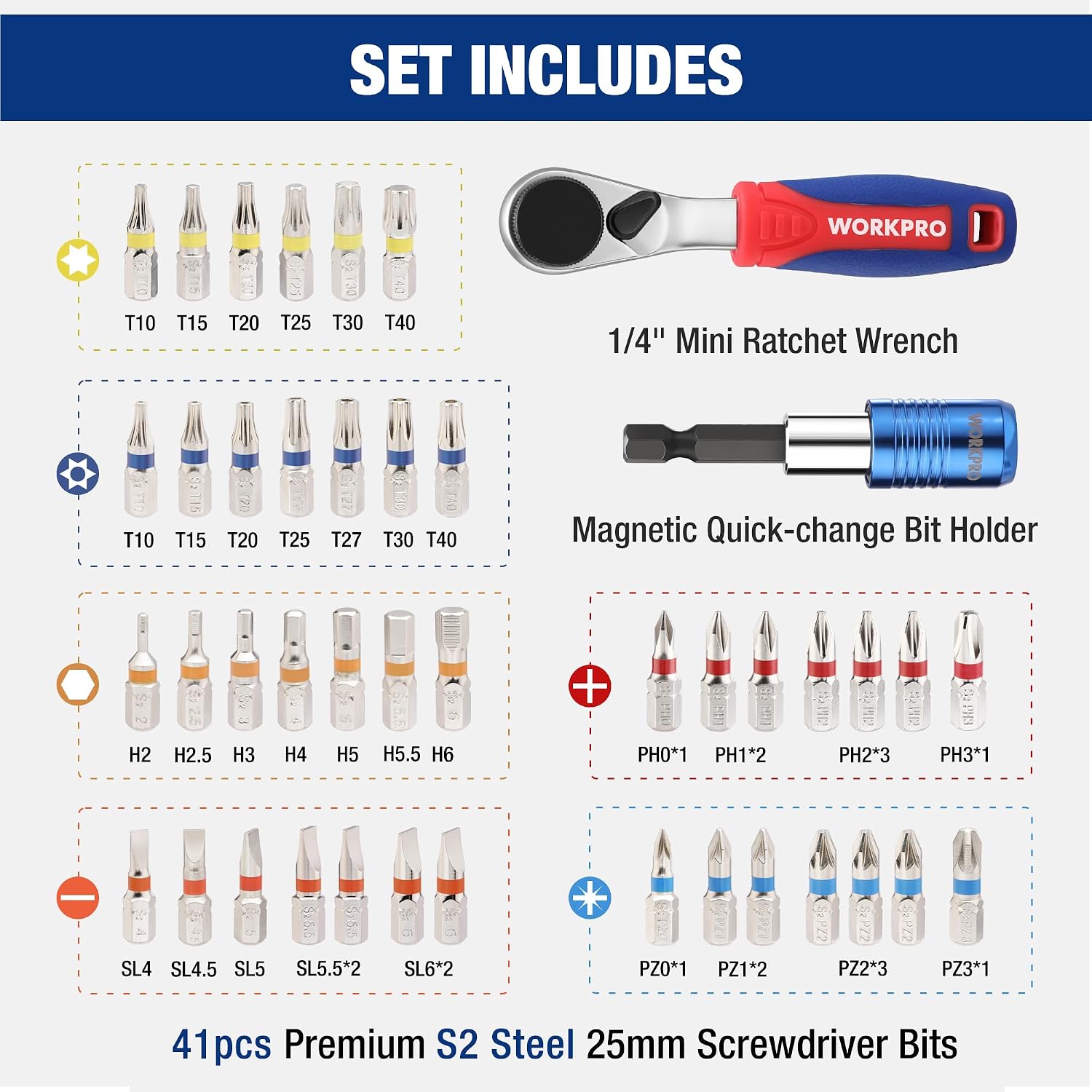 Thumbnail 1 de WORKPRO Set di Bit Avvitamento con Cricchetti – 41 Inserti e Portapunte con Custodia