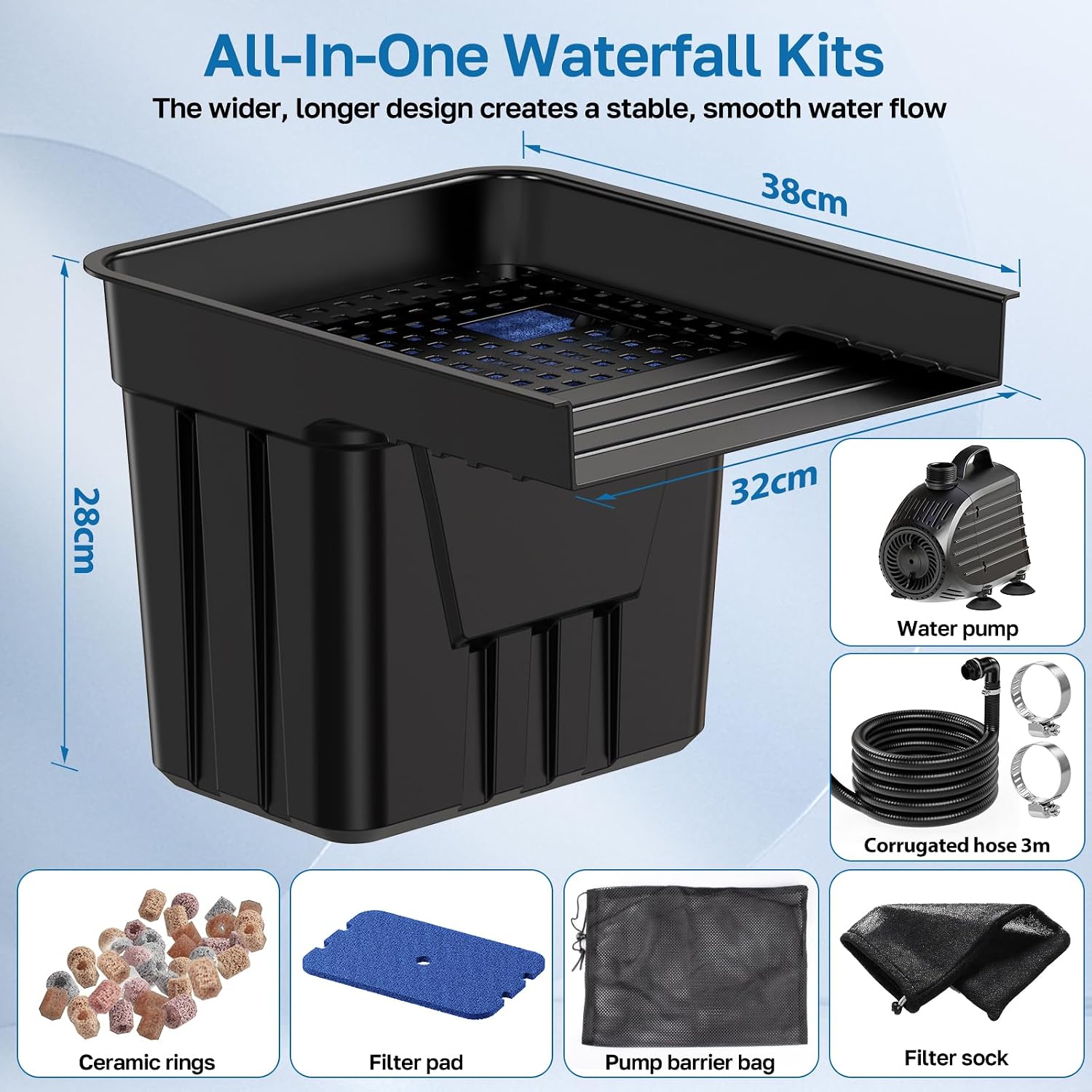 Detalle 2 de POPOSOAP Pond Waterfall Kit with 4500 L/H Pump, 3m Corrugated Tubing and Filter Media