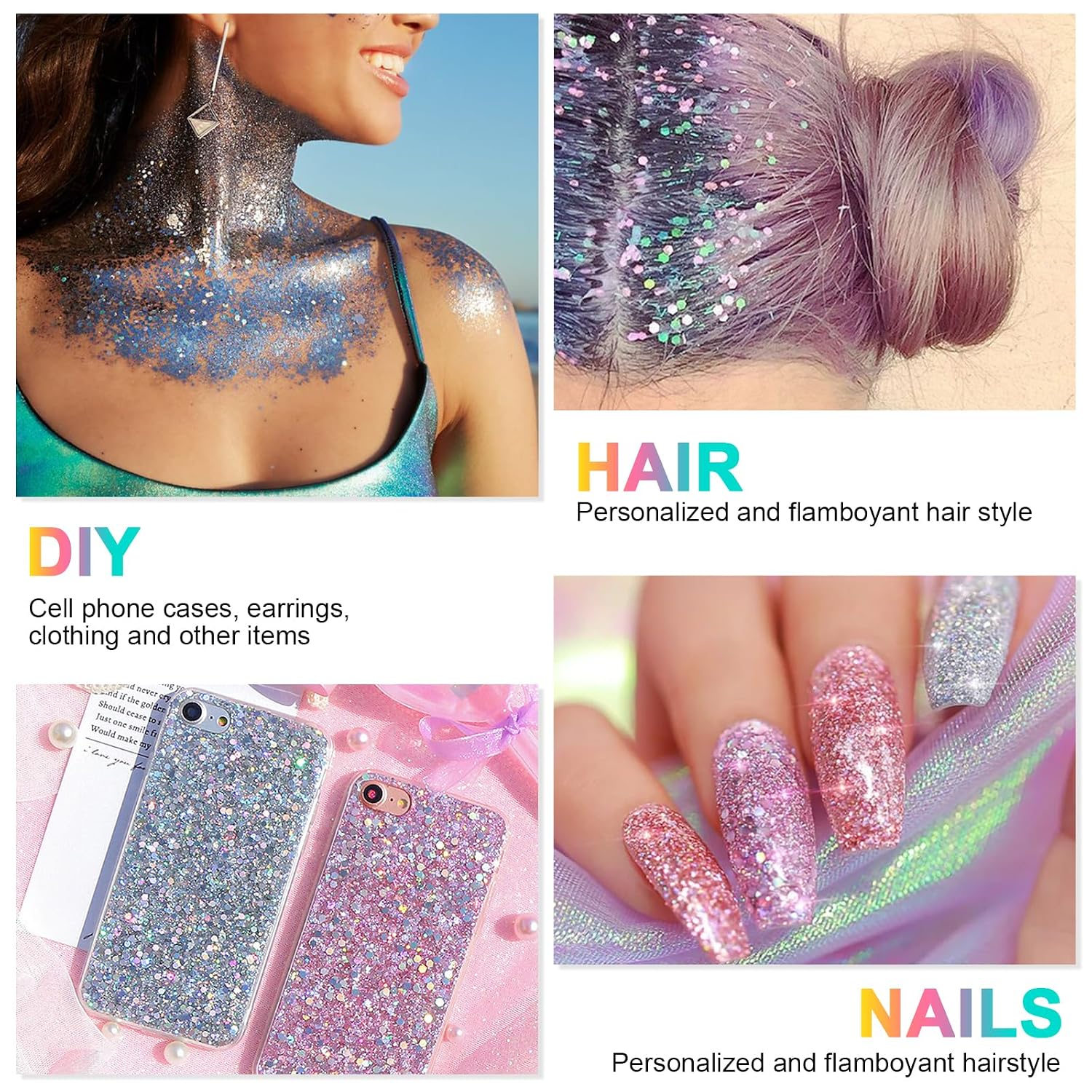 Thumbnail 2 de URAQT Body Glitter Gel Set – 3er Sequins Chunky Glitter Gel, 50 ml pro Stück, festlicher Glitzer für Gesicht & Körper in Silber, Rosa & Weiß