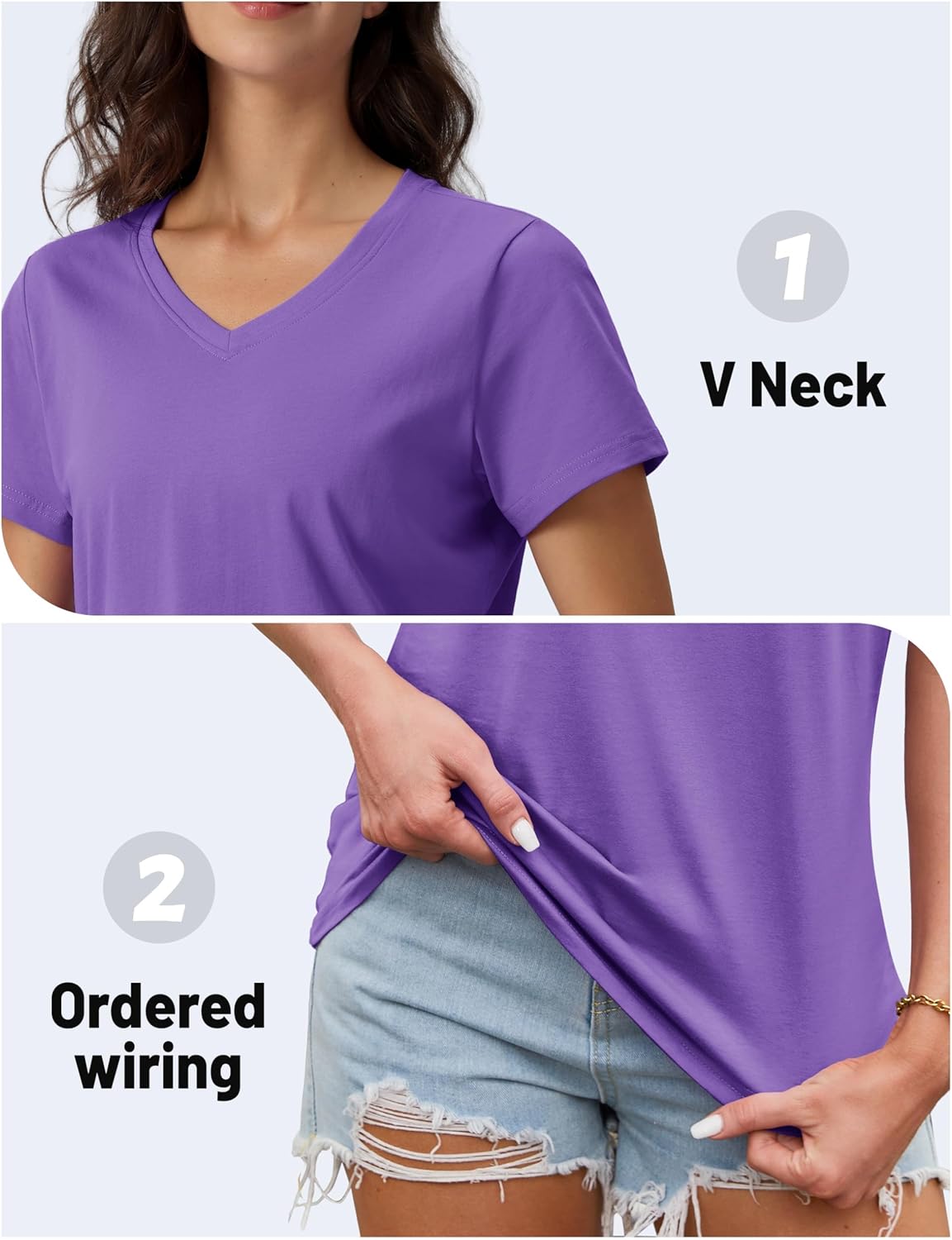 Thumbnail 4 de TACVASEN camisetas de algodón de manga corta para mujer con cuello pico (tira de color violeta claro, talla S)