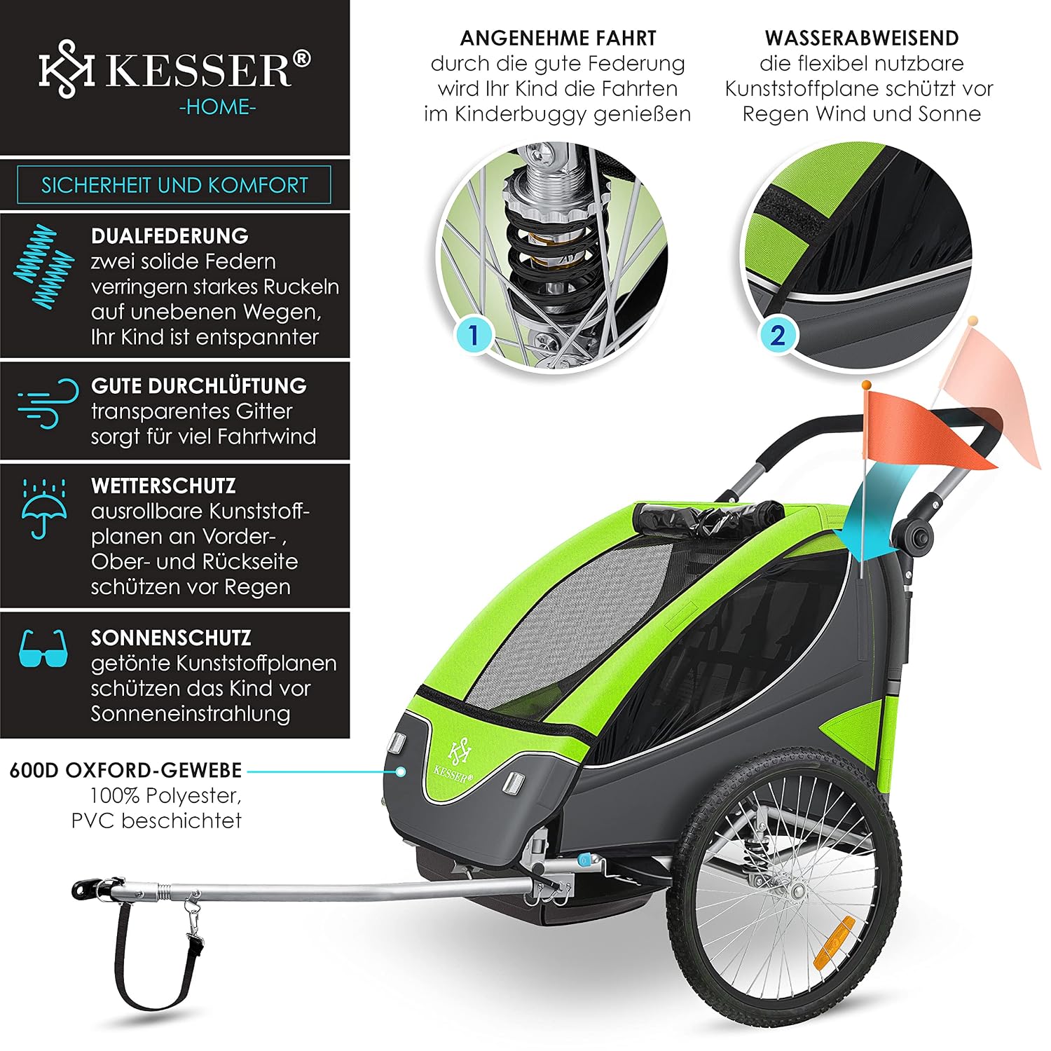 Detalle de KESSER Kinderfahrradanhänger 360° drehbar (2in1 Joggerfunktion) mit Federung und 5-Punkt-Gurt, inkl. Warnfahne