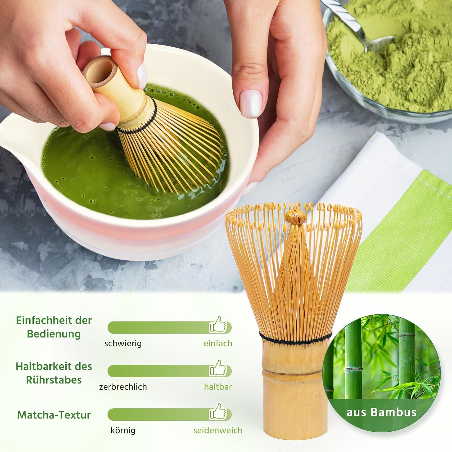 Detalle de Newthinking Matcha Besen Set – 7-teiliges Rosa Matcha Set mit Bambusbesen und Zubehör