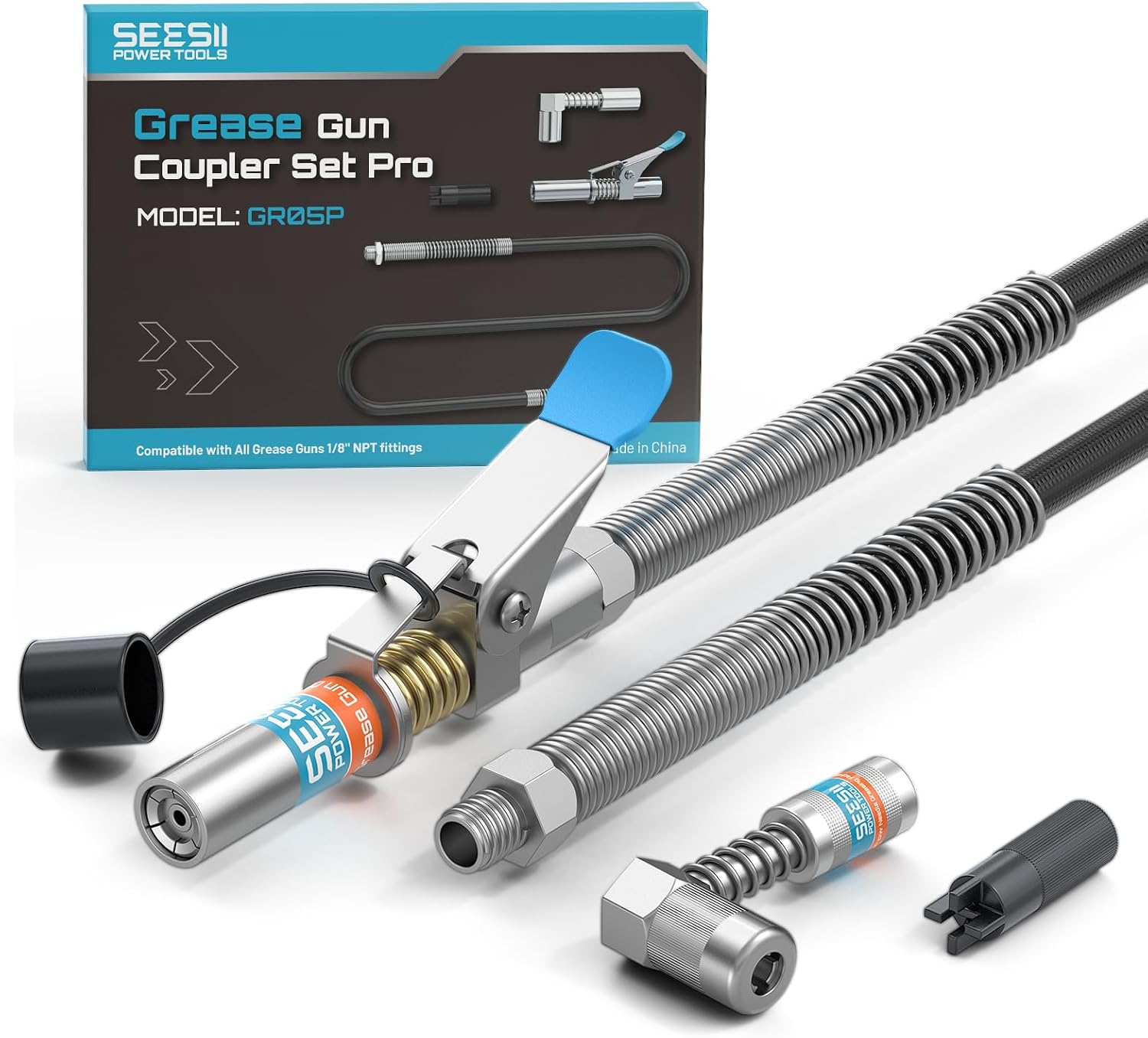 Detalle de Seesii Grease Gun Accessory Kit Pro (GR05P) — 12000 PSI Quick-Release, 90° Adapter, 39.4" Dual-Spring Hose