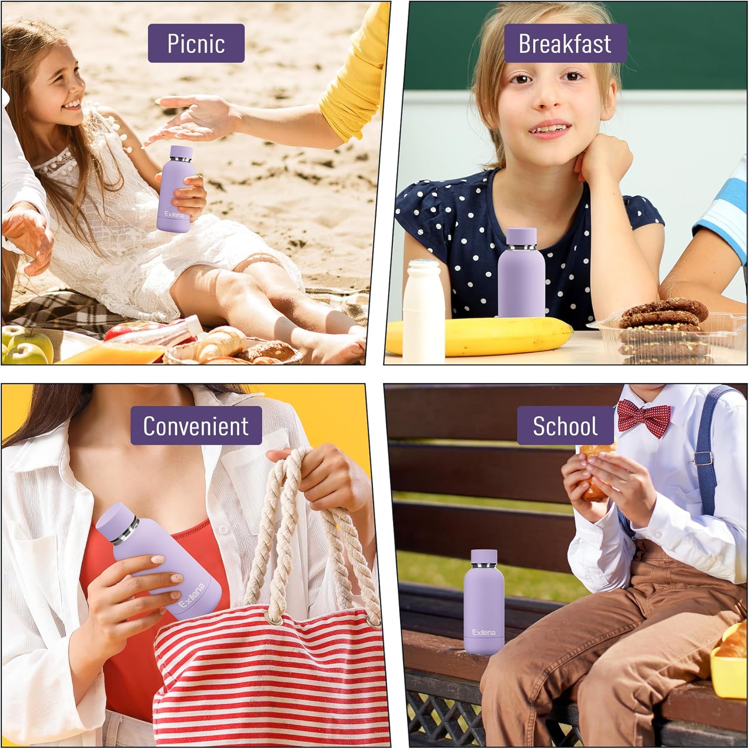 Thumbnail 6 de Exllena Exllena Water Bottle 350ml with Clip – Double Wall Vacuum Insulated (Purple, BPA free)