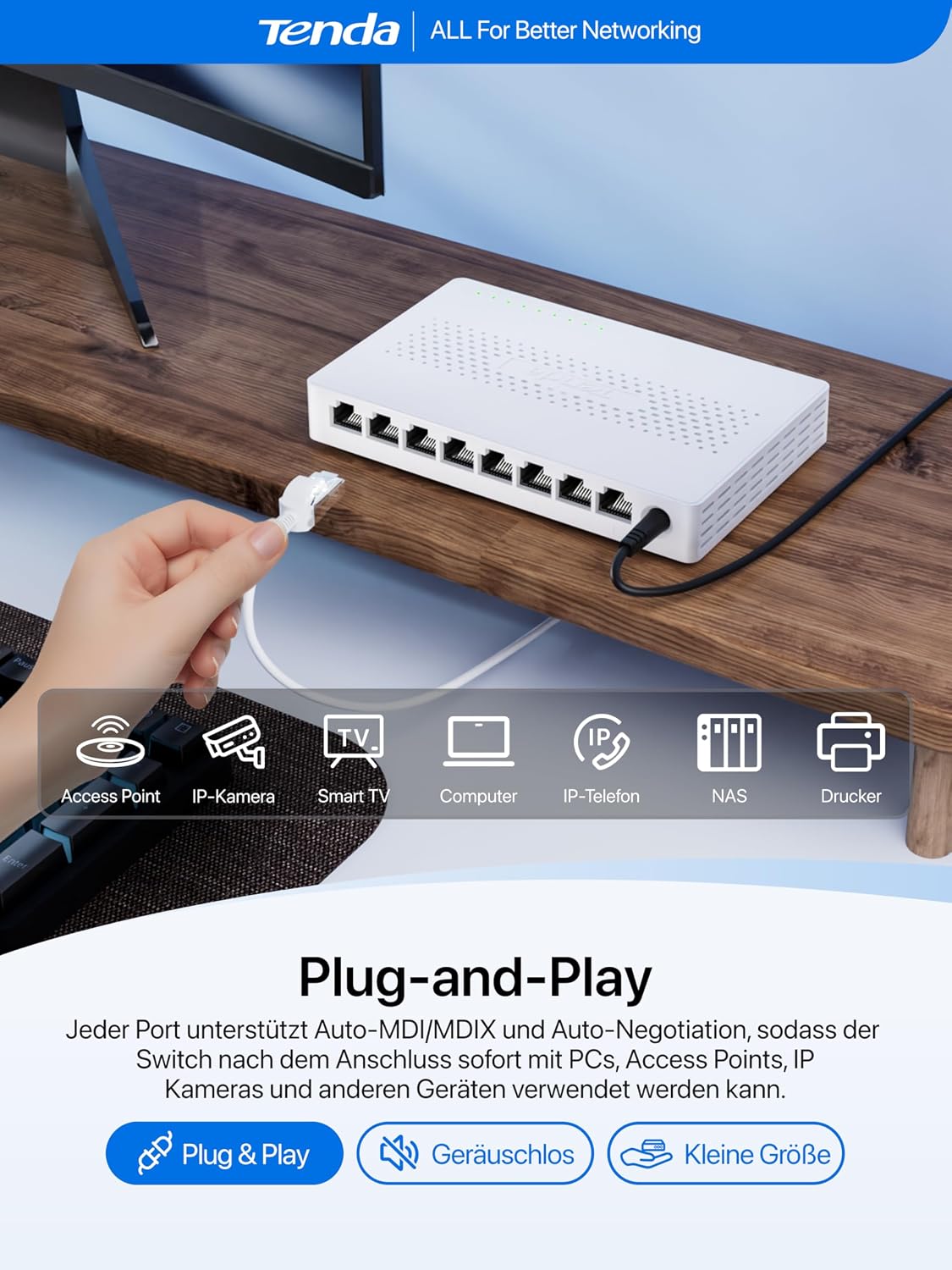 Detalle de Tenda SM108: 8-Port 2,5-Gbit LAN-Switch für NAS, Server und Gaming-PCs