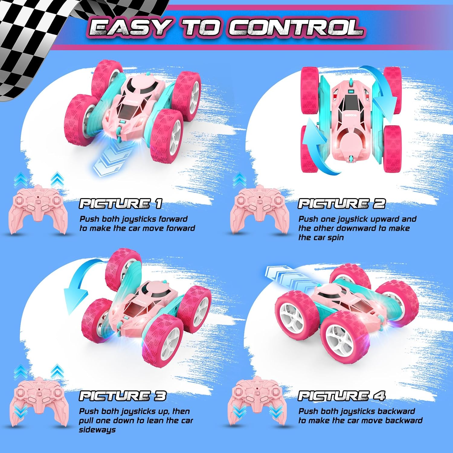 Thumbnail 5 de cosone Rosa ferngesteuertes Auto – 4WD RC Stunt-Car mit LED, 2Modul-Akkus, Anti-Interferenz, 2,4 GHz