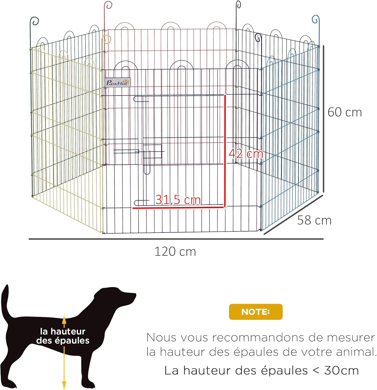 Thumbnail 6 de PawHut Enclos Chien Pliant en métal – Parc pour animaux 6 panneaux, Ø120 x 60 cm, Multicolore