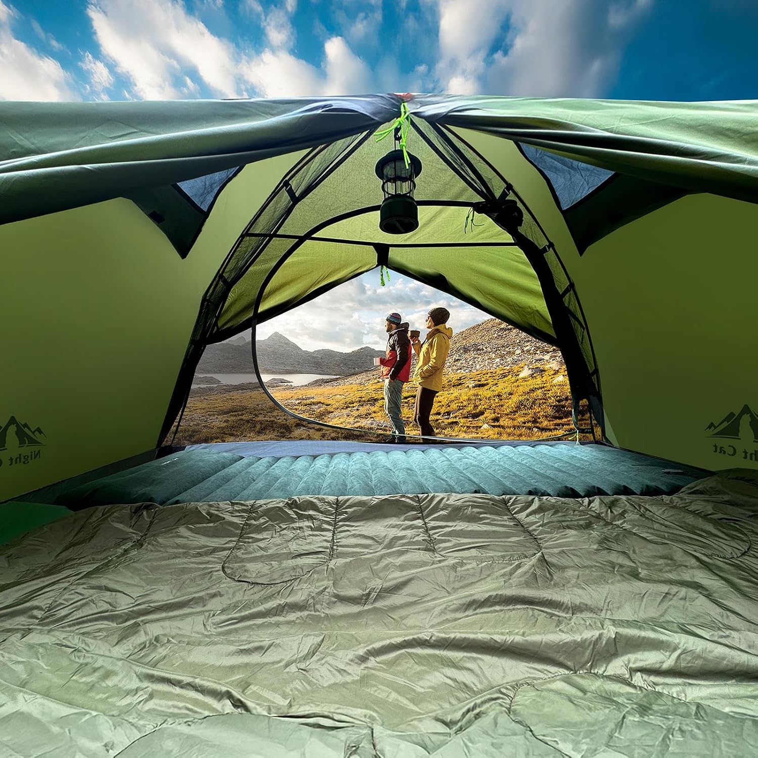 Detalle de Night Cat 2-Person Backpacking Tent, Waterproof Rainfly, Aluminum Poles, Army Green