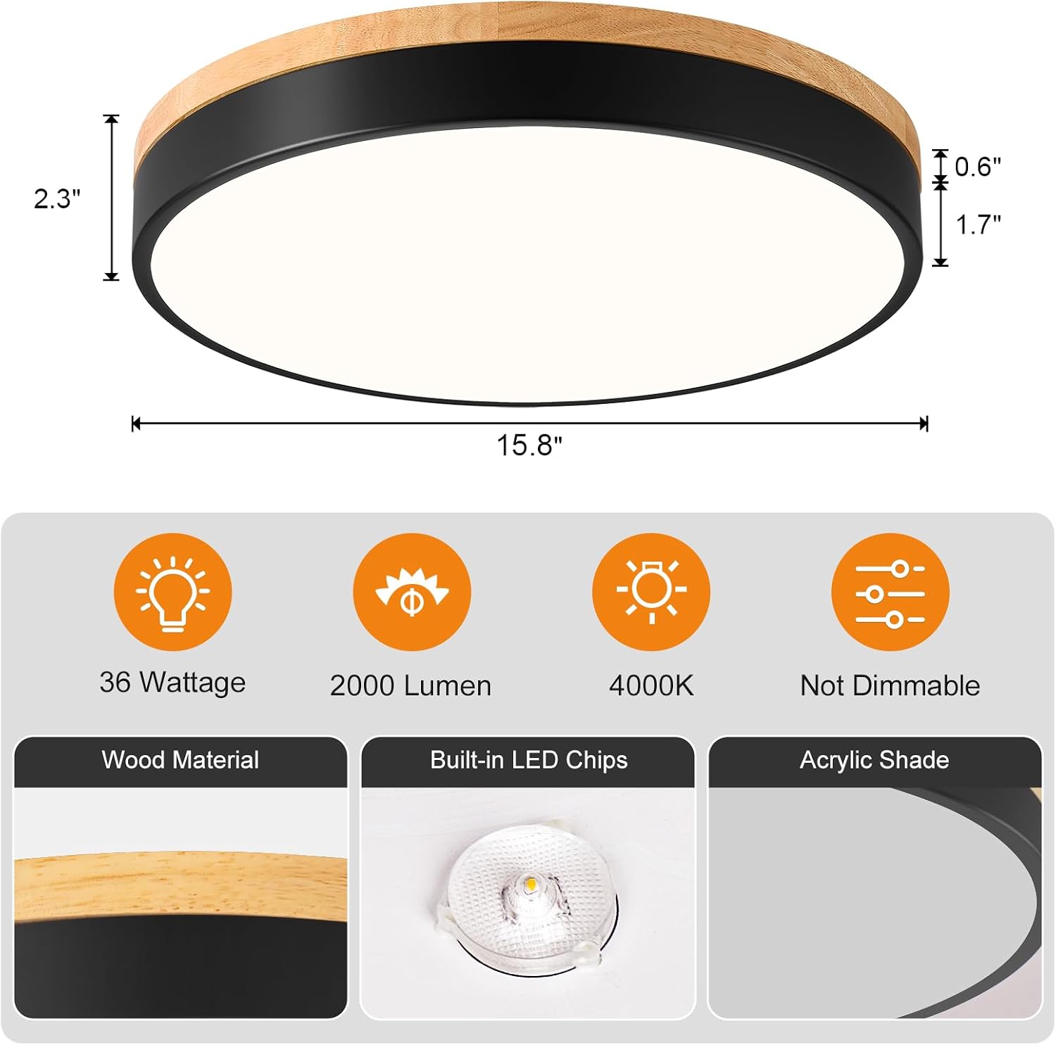 Detalle de Vikaey VGCA20251217B Wood LED Flush-Mount Ceiling Light, Black, 15.8 in