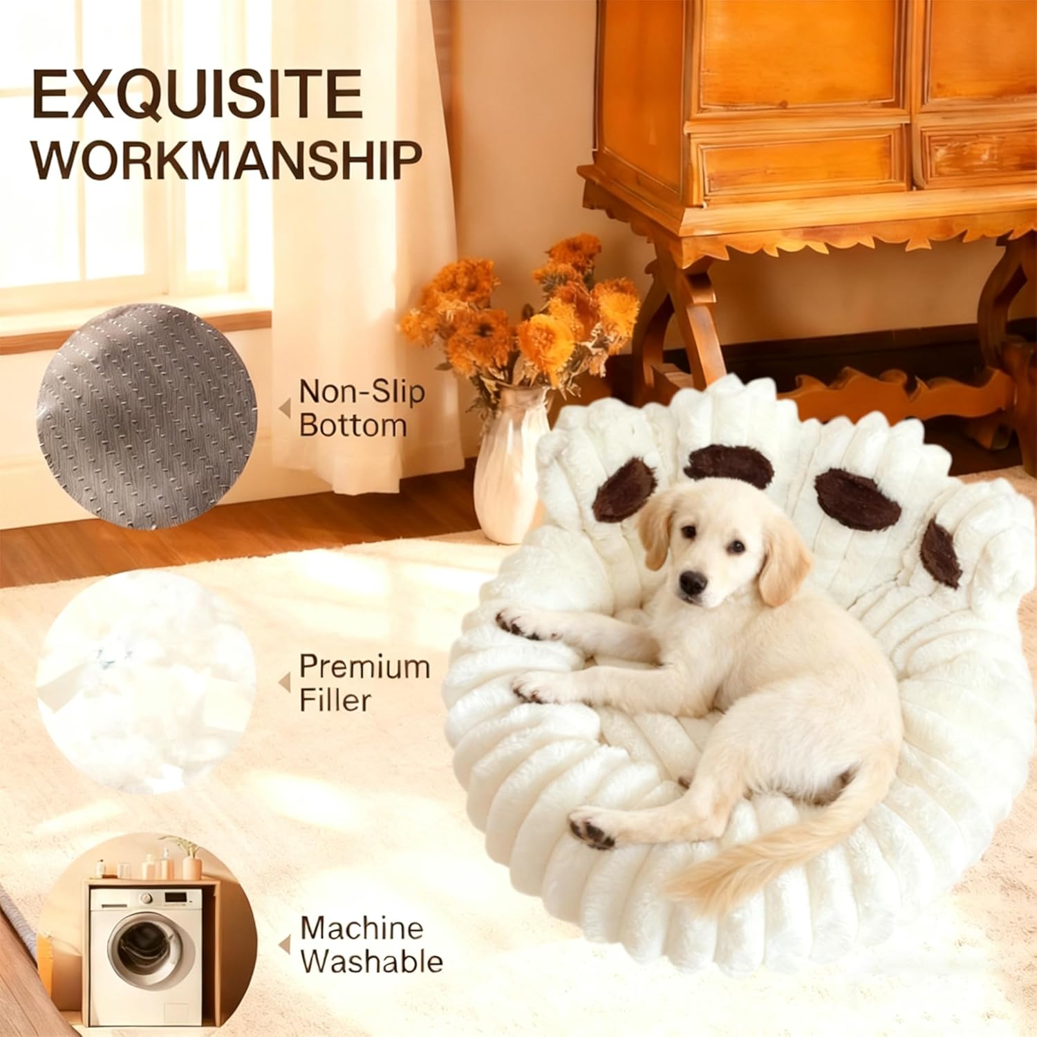 Thumbnail 3 de SHJOEE Flauschig Haustierbett „Bärentatzen“ (Beige, 50 cm) – warmes Hundekissen & Katzenkissen für drinnen