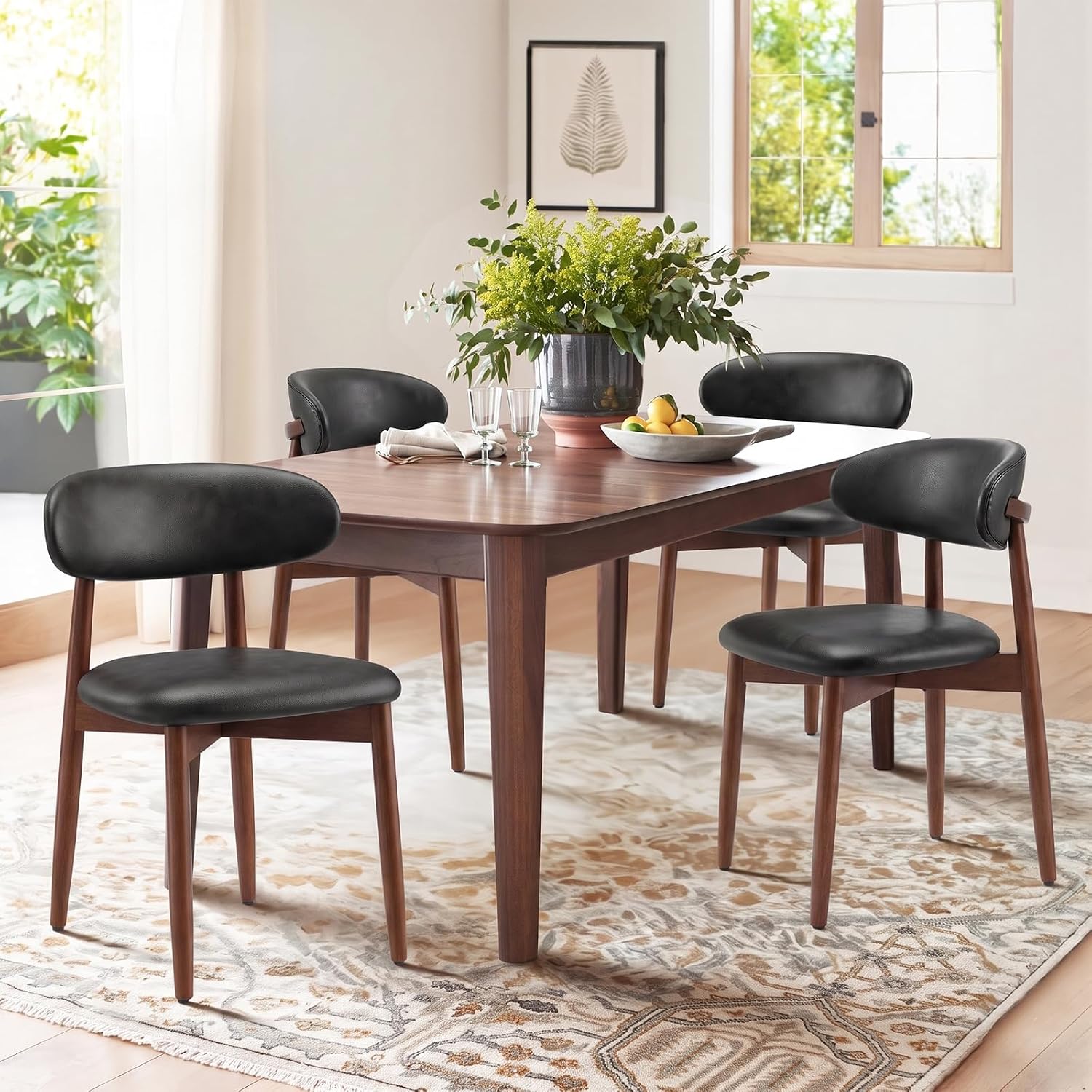 Detalle de COLAMY D6270US Wooden Dining Chairs Set of 4, Black Leather, Curved Backrest