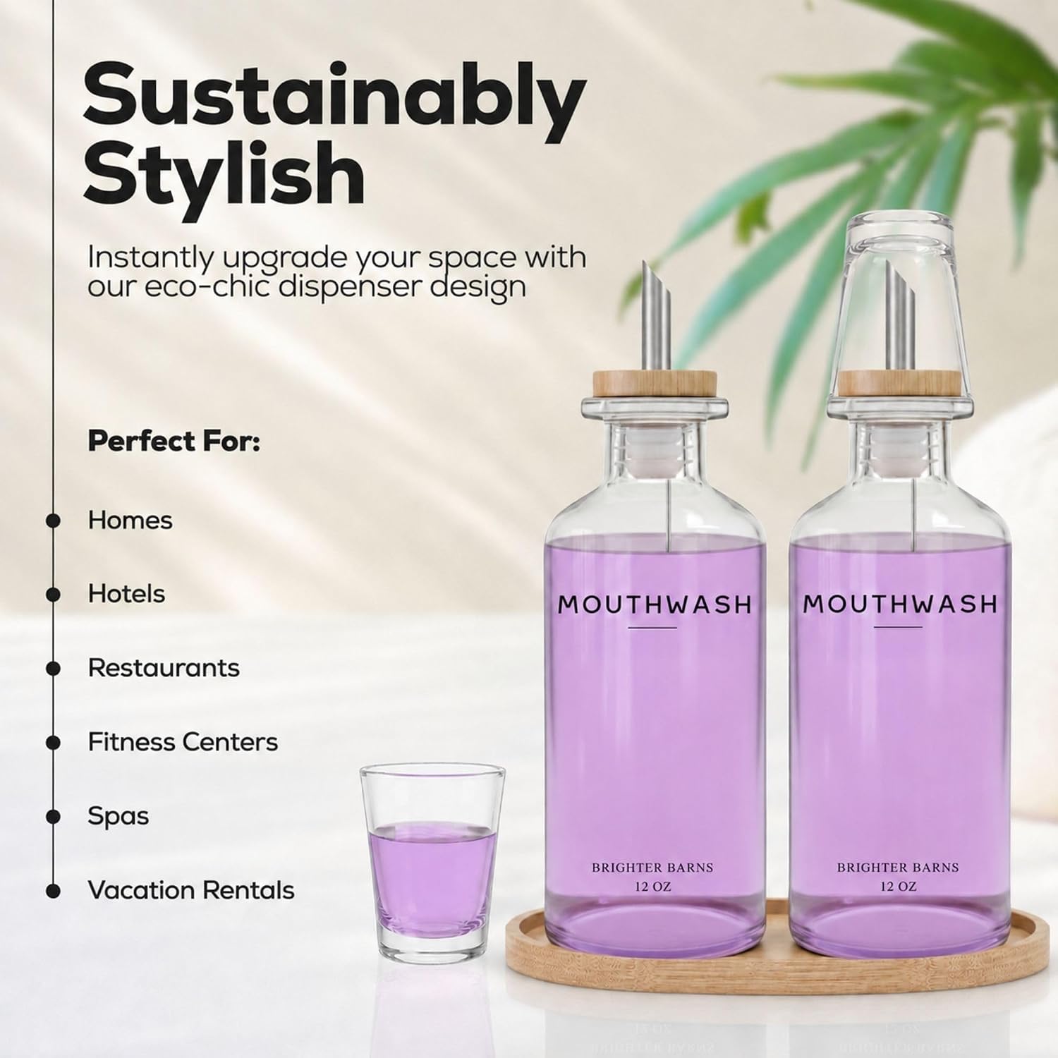 Detalle 2 de Brighter Barns RCD Glass Mouthwash Dispenser Set, Clear 2-Pack with Bamboo Tray