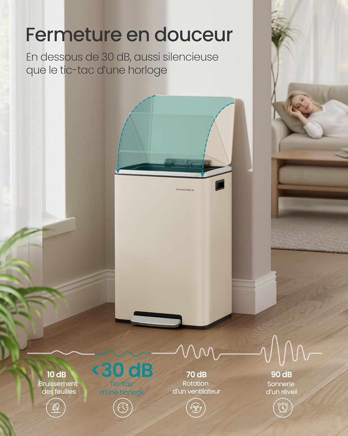 Detalle de SONGMICS LTB595A02 Poubelle de cuisine 50 L crème avec couvercle à fermeture douce et seau intérieur amovible