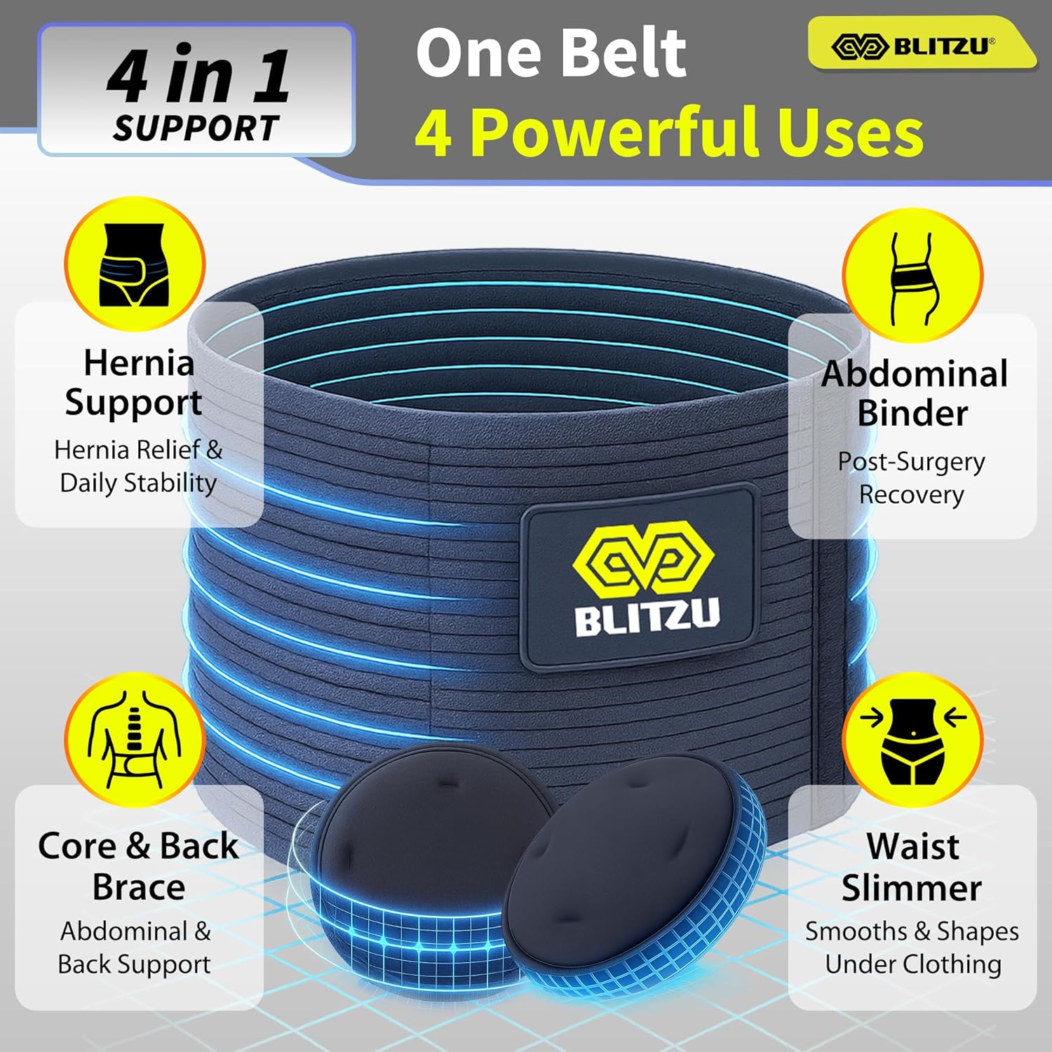 Detalle 2 de BLITZU Umbilical Hernia Belt, Adjustable Support with 2 Compression Pads