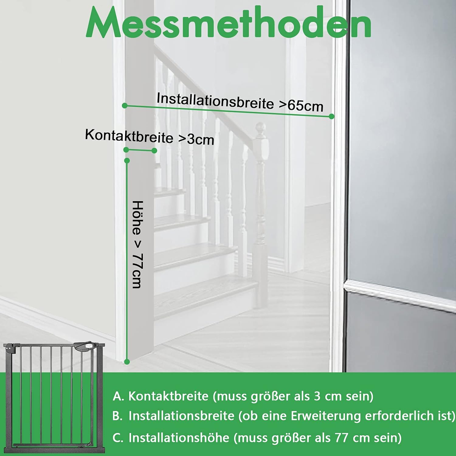 Thumbnail 3 de Aufun Treppenschutzgitter Türschutzgitter Kinder ohne Bohren – 75–85 cm, schwarz, selbstschließend