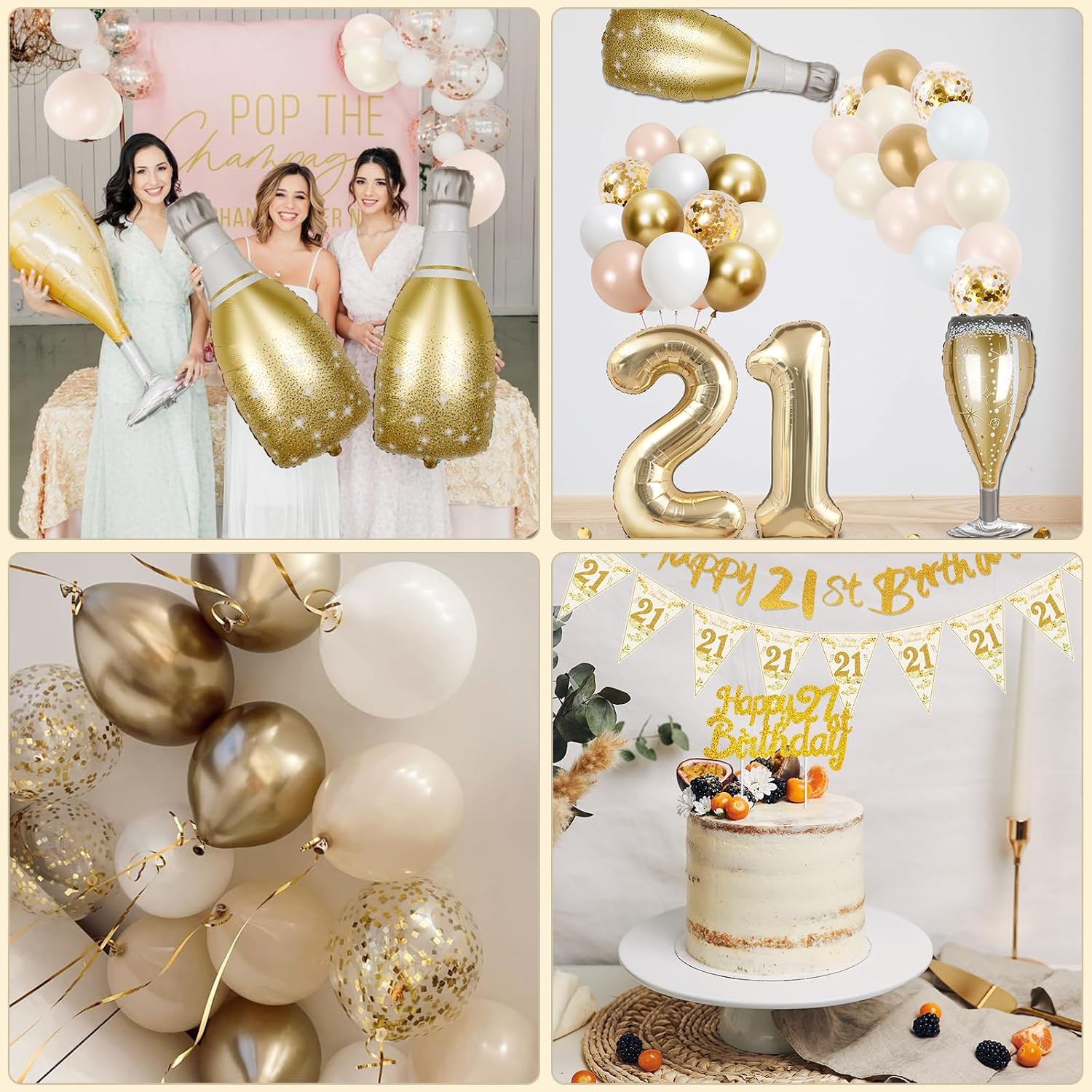 Thumbnail 6 de 21st Birthday Decorations for Her: Gold, Pink & White Party Kit with 40in '21' Balloon