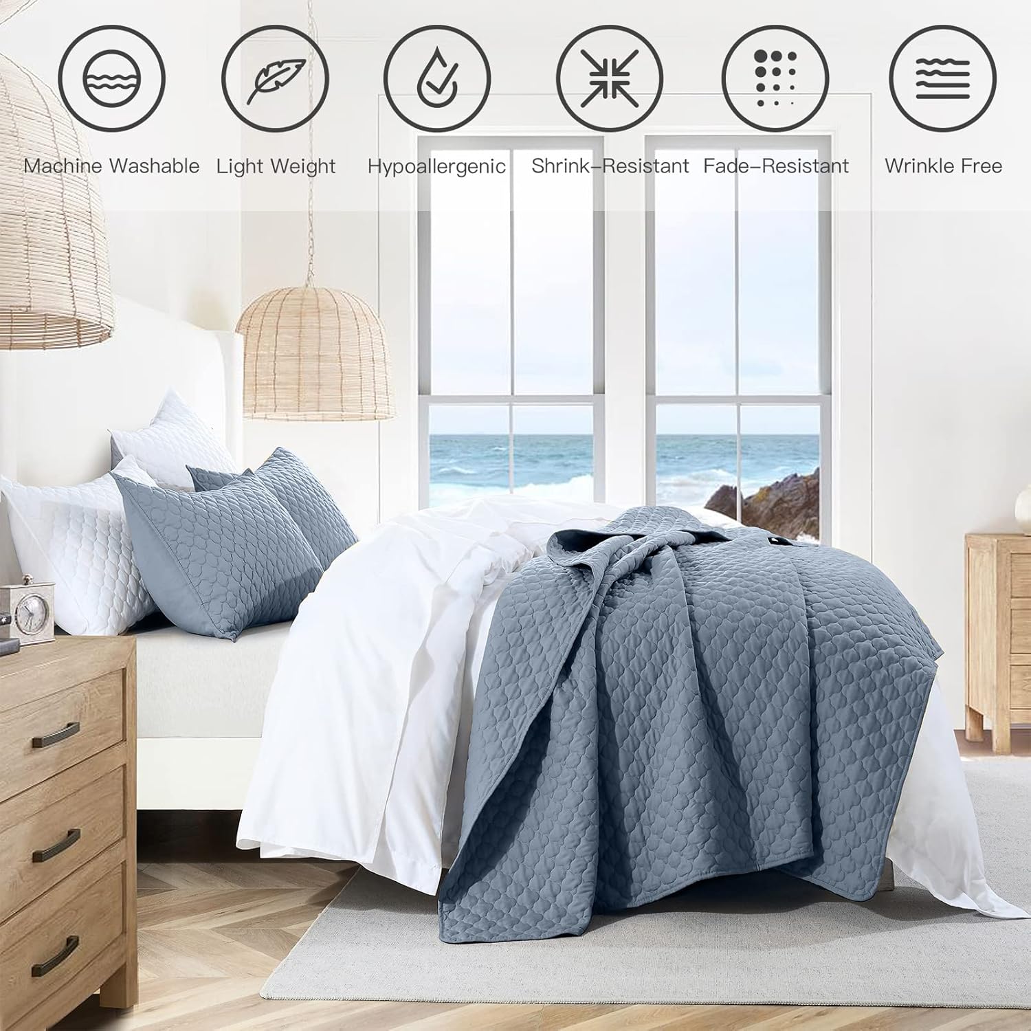 Thumbnail 5 de HORIMOTE HOME Quilt Queen Size Dusty Blue – Lightweight, Modern Cloud Pattern 3-Piece Bedspread Set