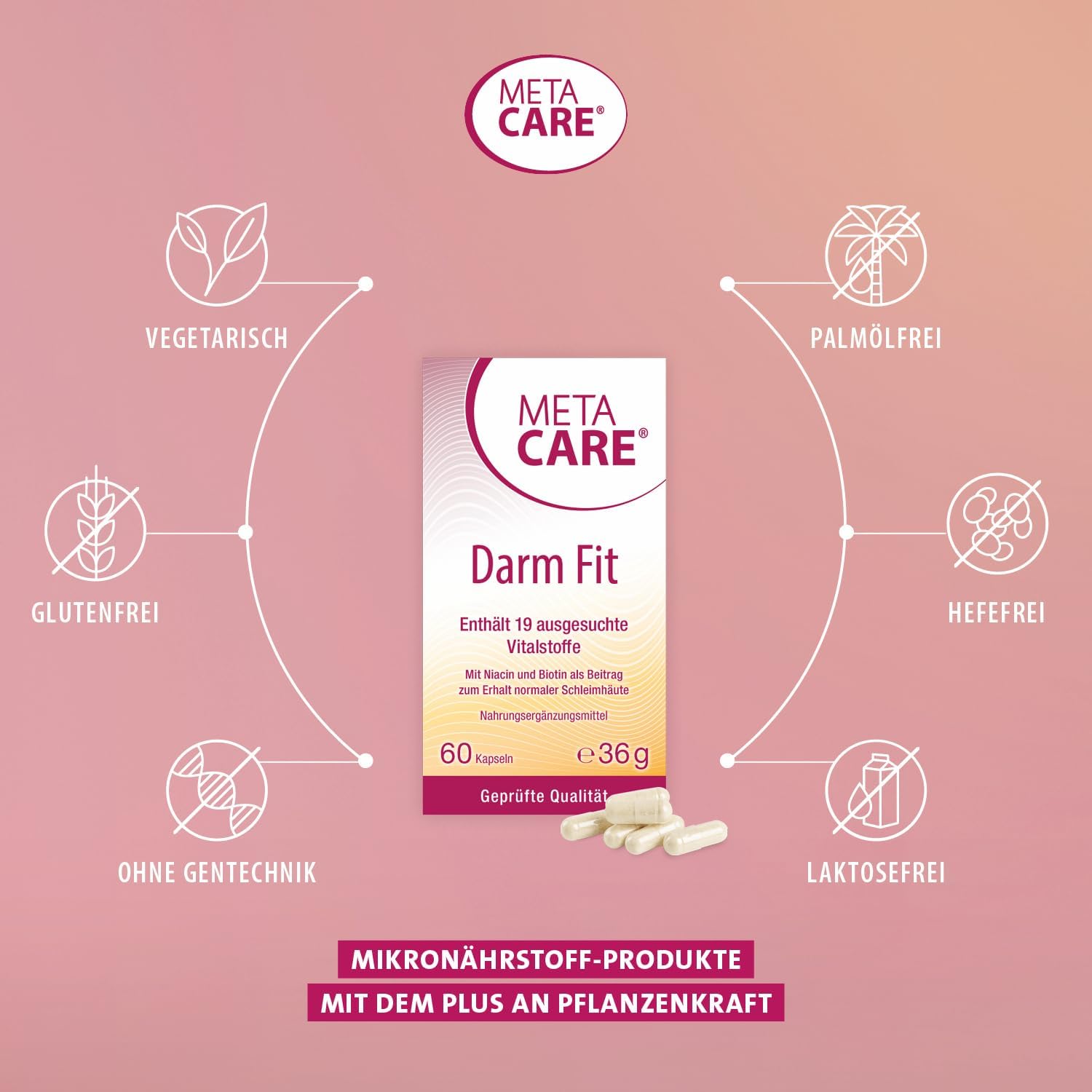 Thumbnail 1 de META CARE Darm Fit – 19 ausgewählte Vitalstoffe mit Niacin und Biotin, hochdosiert (60 Kapseln, vegetarisch)