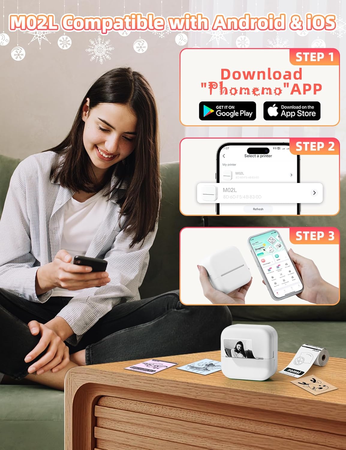 Thumbnail 3 de Memoking M02L Mini-Drucker für Smartphone – kompakter Aufkleber- und Fotodrucker