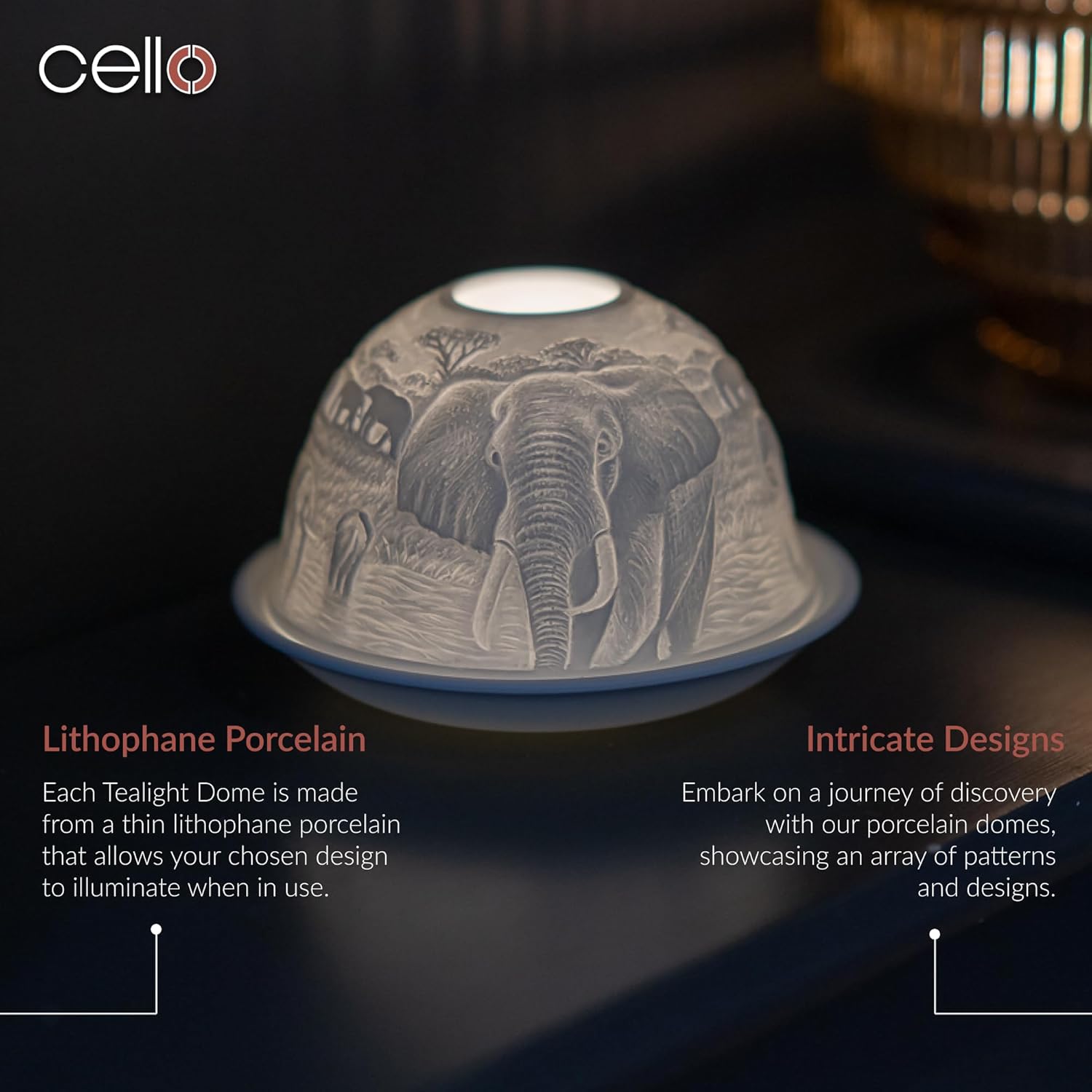 Thumbnail 1 de Porzellan-Teelichthalter „Cello“ mit Elefanten-Design (3D-Bild projizierend) – für Teelichter oder LEDs