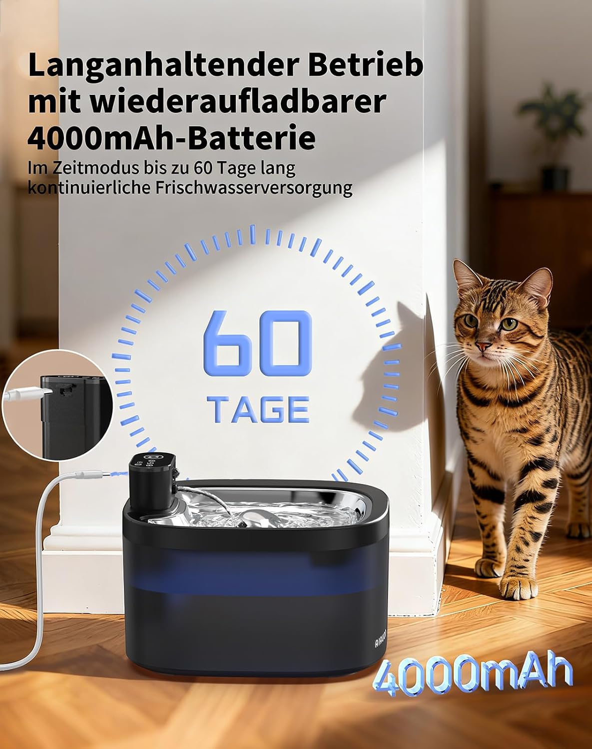 Detalle de Katzenbrunnen kabellos 3,5 L – Drahtloser Trinkbrunnen mit Sensor, 3 Modi, Edelstahl-Schale, leise und batteriebetrieben (Schwarz + 2 Filter)