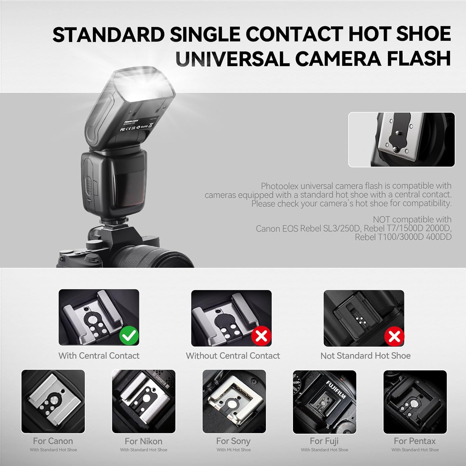 Thumbnail 1 de PHOTOOLEX Speedlite con slitta hot shoe a contatto singolo GN33 per Canon, Nikon, Sony e altre SLR mirrorless
