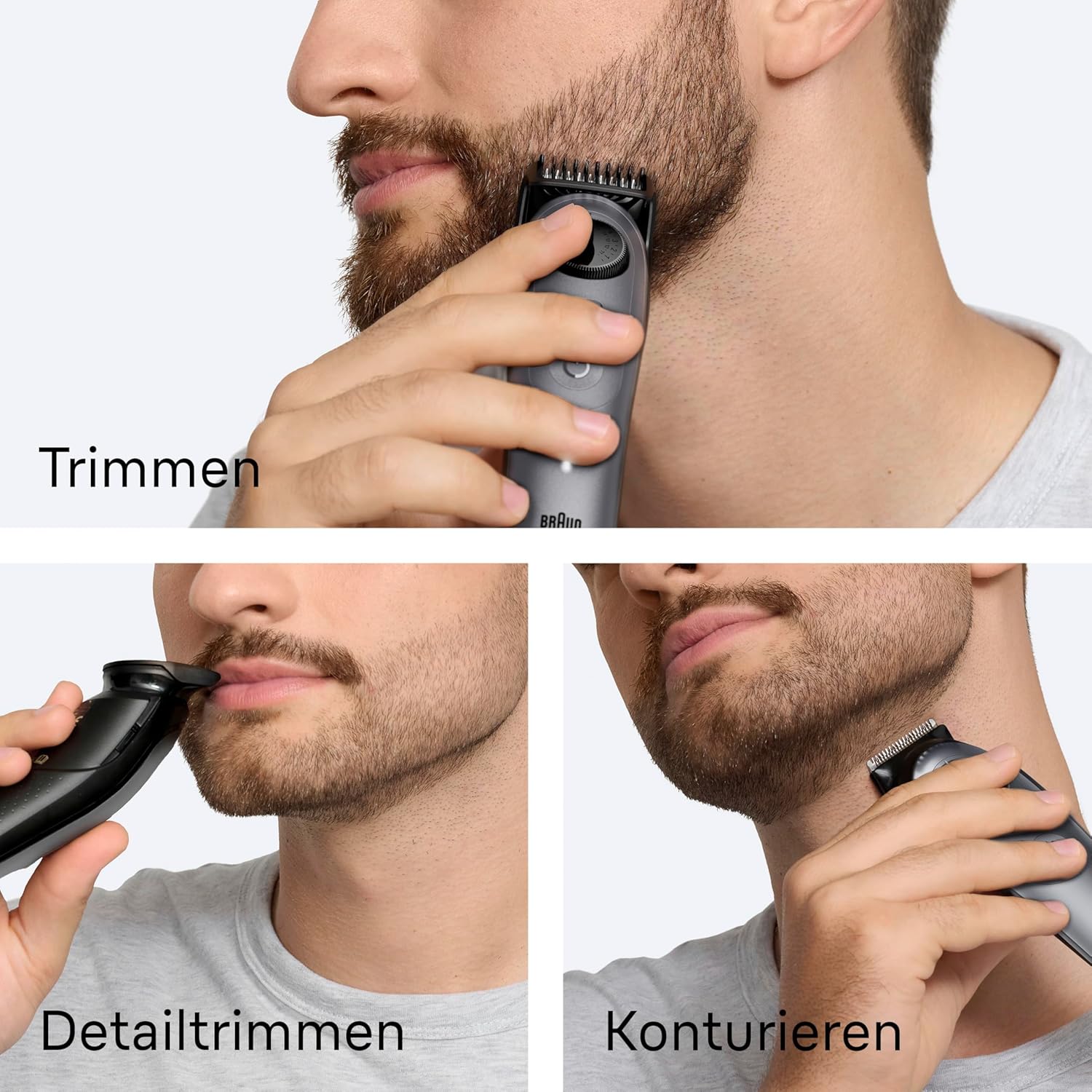 Detalle de Braun Barttrimmer Series 5 BT5565 Grau – elektrischer Bartschneider mit 9 Zubehörteilen, 40 Längen und wasserdicht