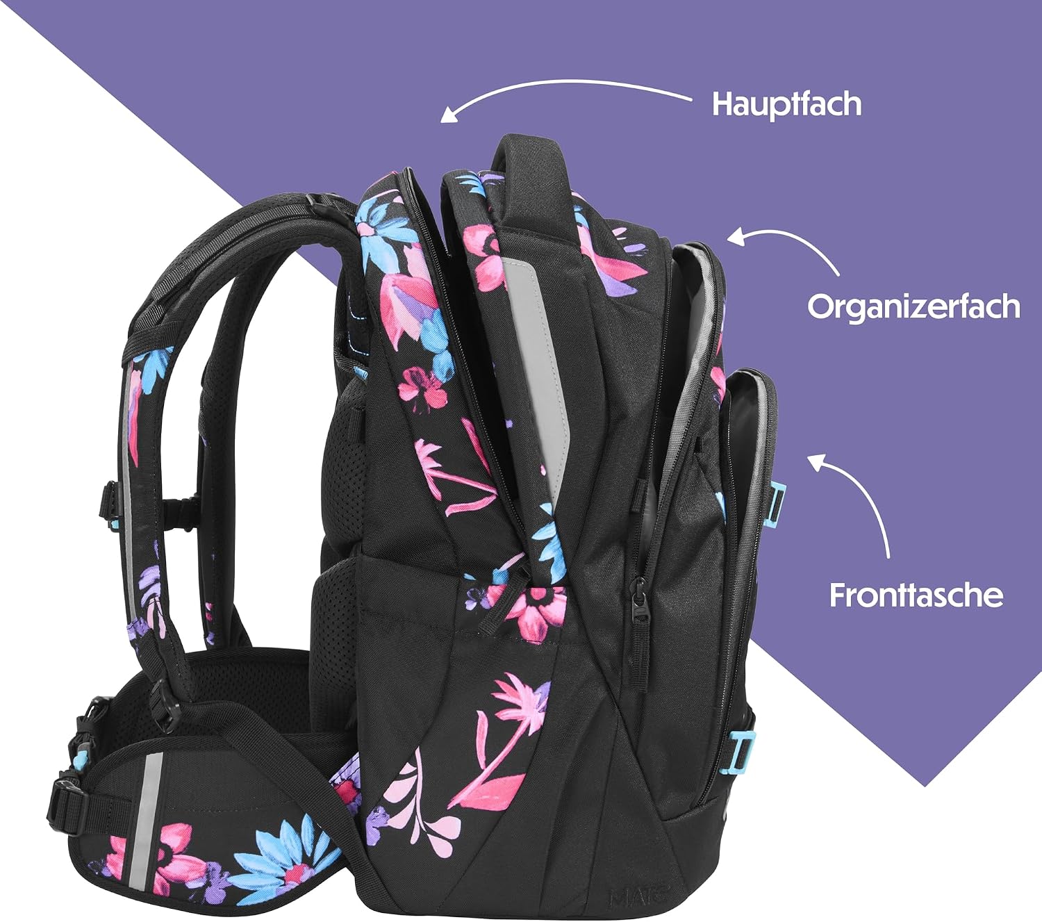 Detalle de Coocazoo MATE Schulrucksack Floral Artnight – ergonomisch verstellbar, ab der 3. Klasse