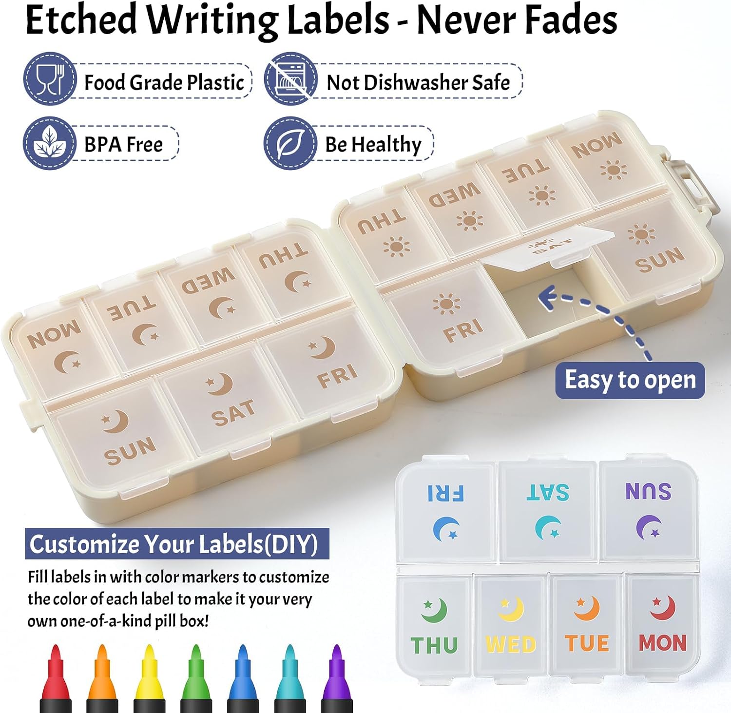 Detalle de NEW Foldable & Double Protection Weekly Pill Organizer with Etched Labels (Khaki)