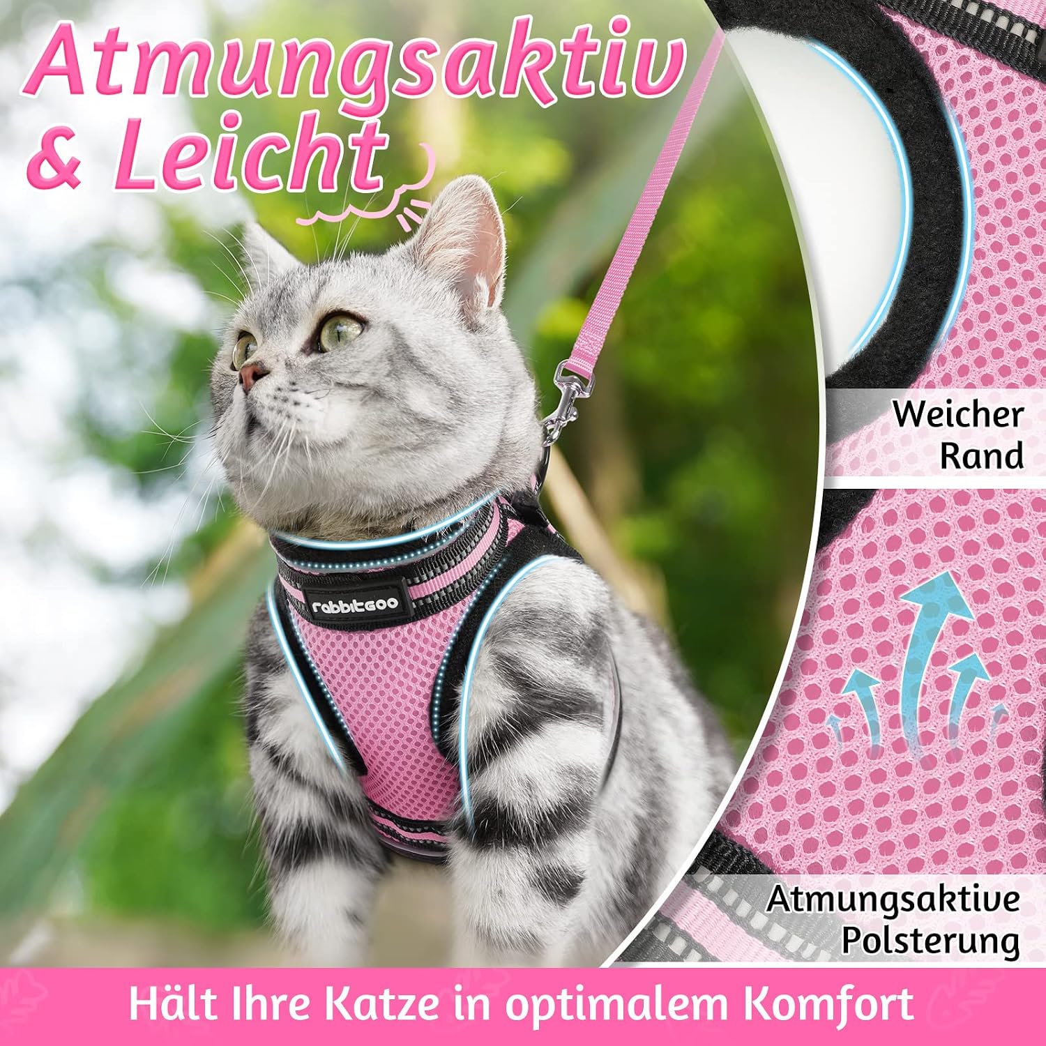 Detalle de rabbitgoo Katzengeschirr mit Katzenleine-Set (ausbruchsicher, verstellbar) Rosa – für Kitten & Welpen
