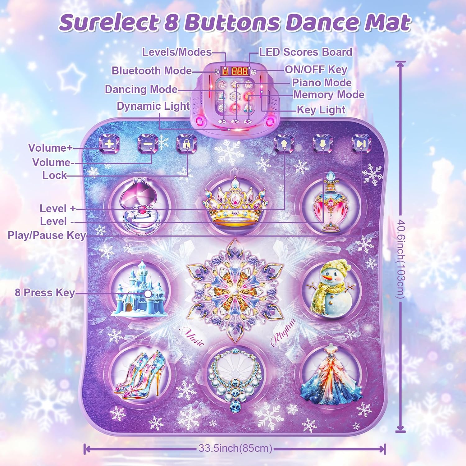 Detalle de Surelect Frozen Dance Mat for Kids (Purple) – 8-Button Princess Dance Pad with Bluetooth