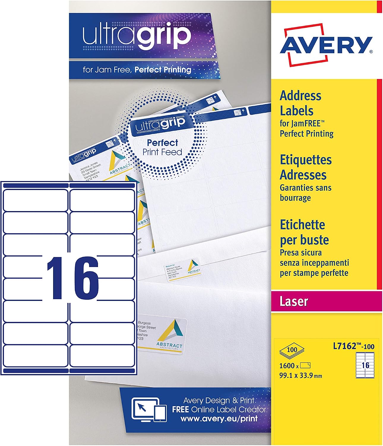 Avery JamFREE printable address labels (L7162-100) – white, customisable sheets