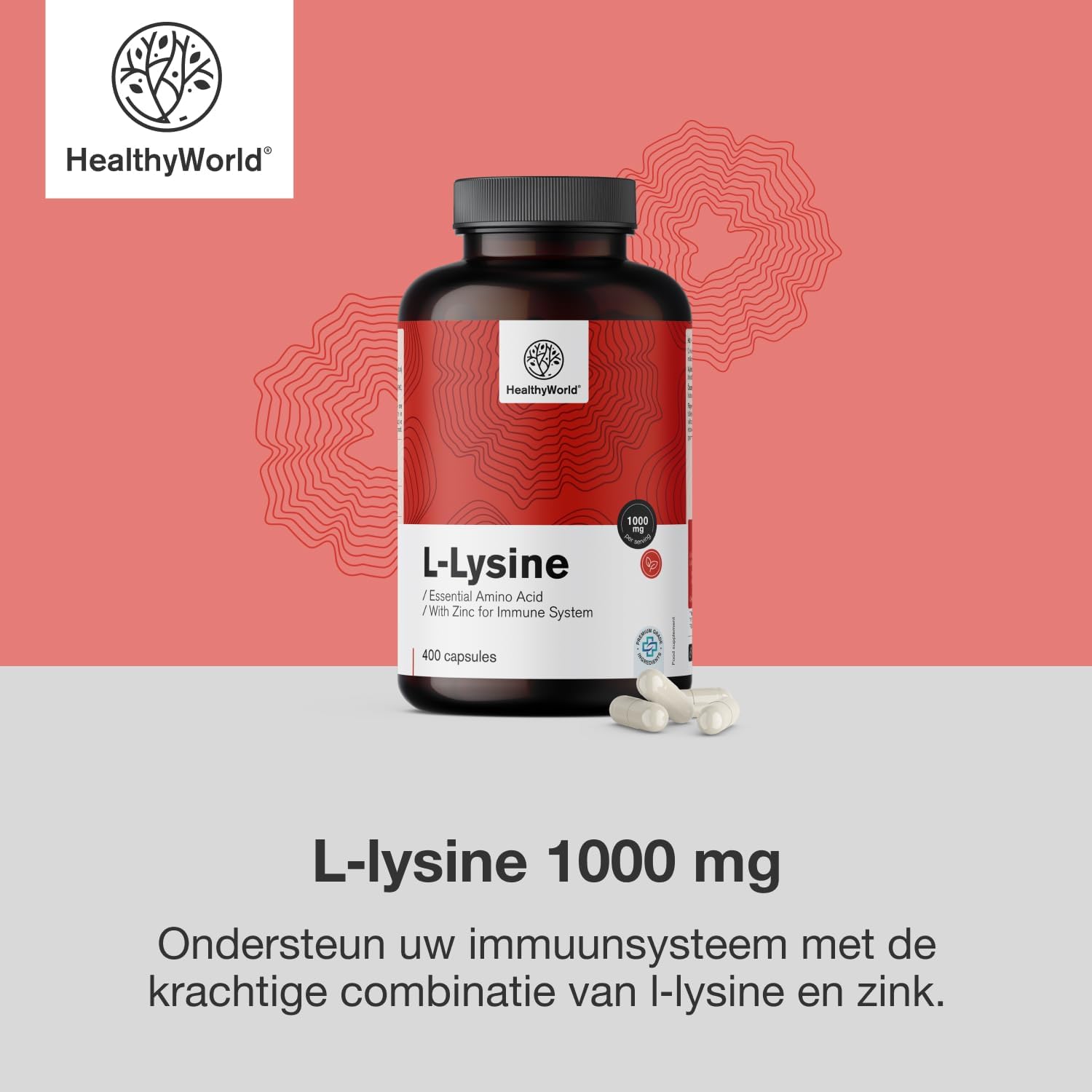 Thumbnail 6 de HealthyWorld L-Lysine Hydrochloride 1000 mg met zink, 400 capsules