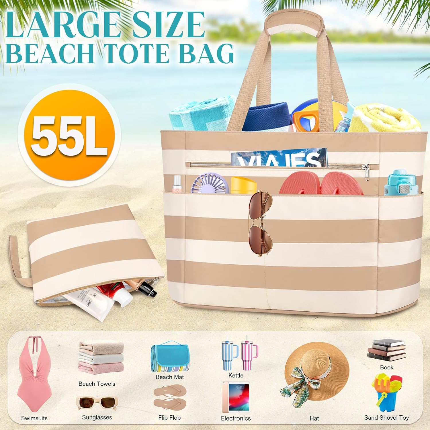 Detalle de ENONEO Bolsa de Playa Grande XXL con Cremallera 55L – Impermeable y Plegable, Ideal para Vacaciones en Familia