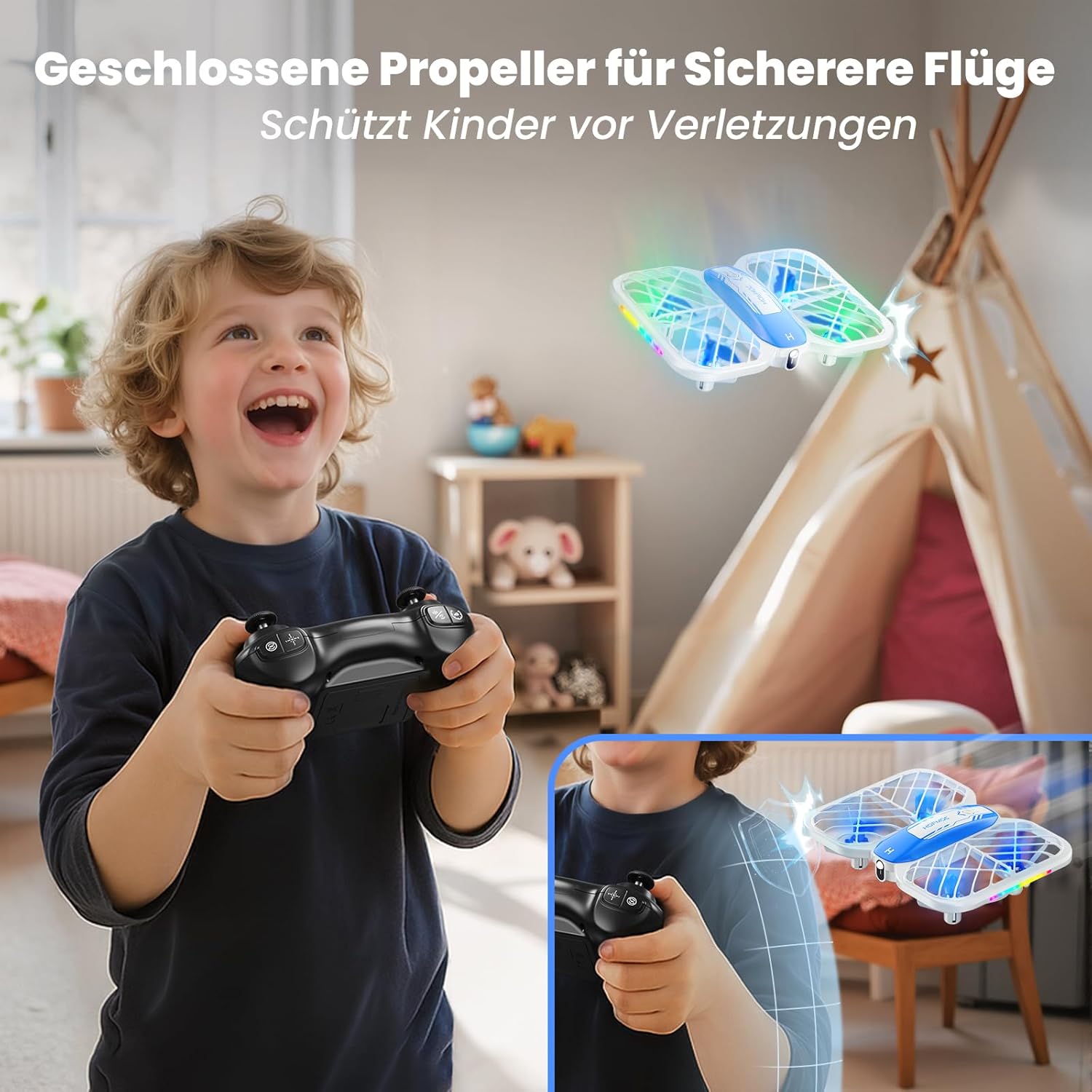 Detalle 2 de HOFMOC Mini Drohne für Kinder – 22 Minuten Flugzeit, 5 LED-Lichter, 3 Geschwindigkeiten